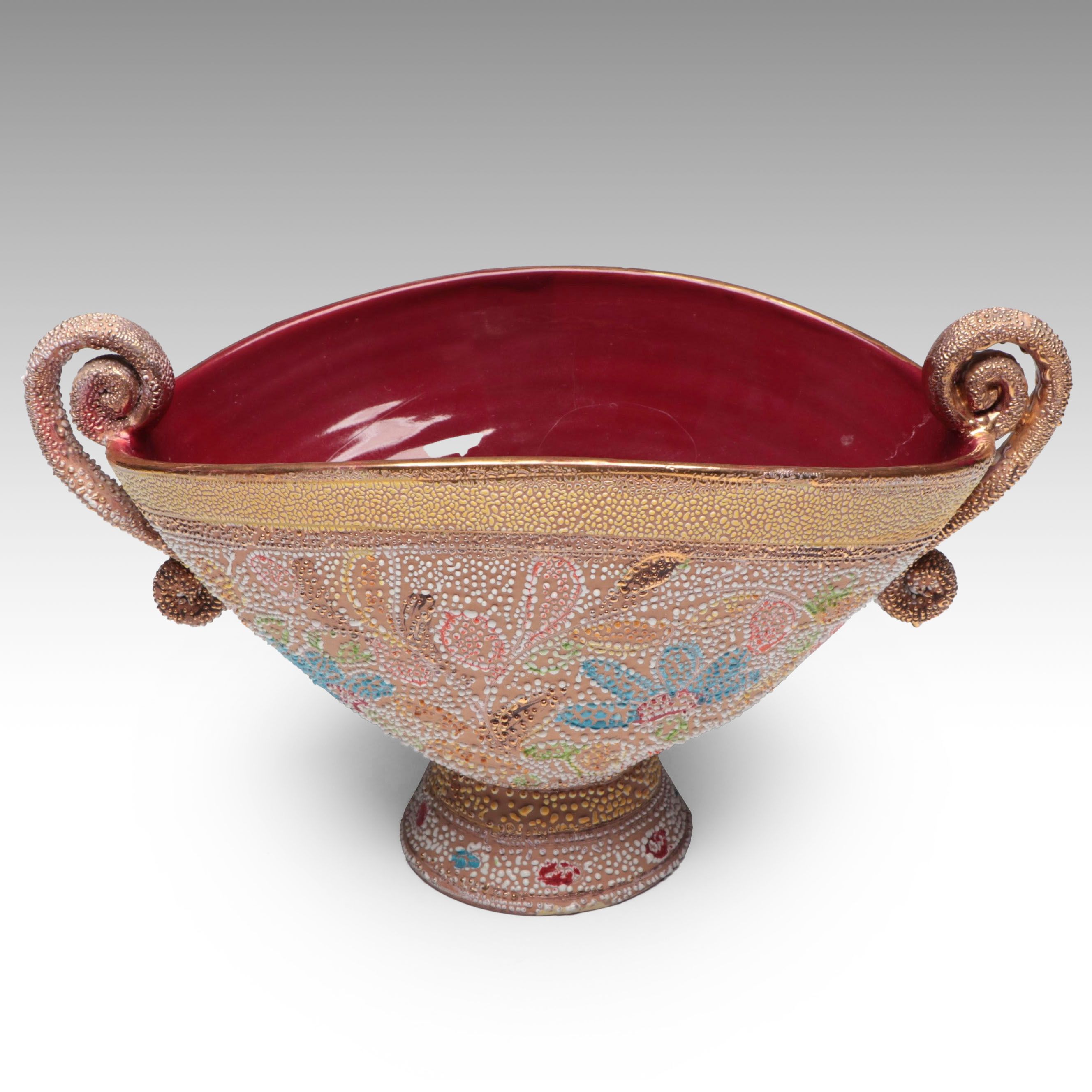 Japanese Ceramic Moriage Accented Double Handled Bowl, Early to Mid-20th Century