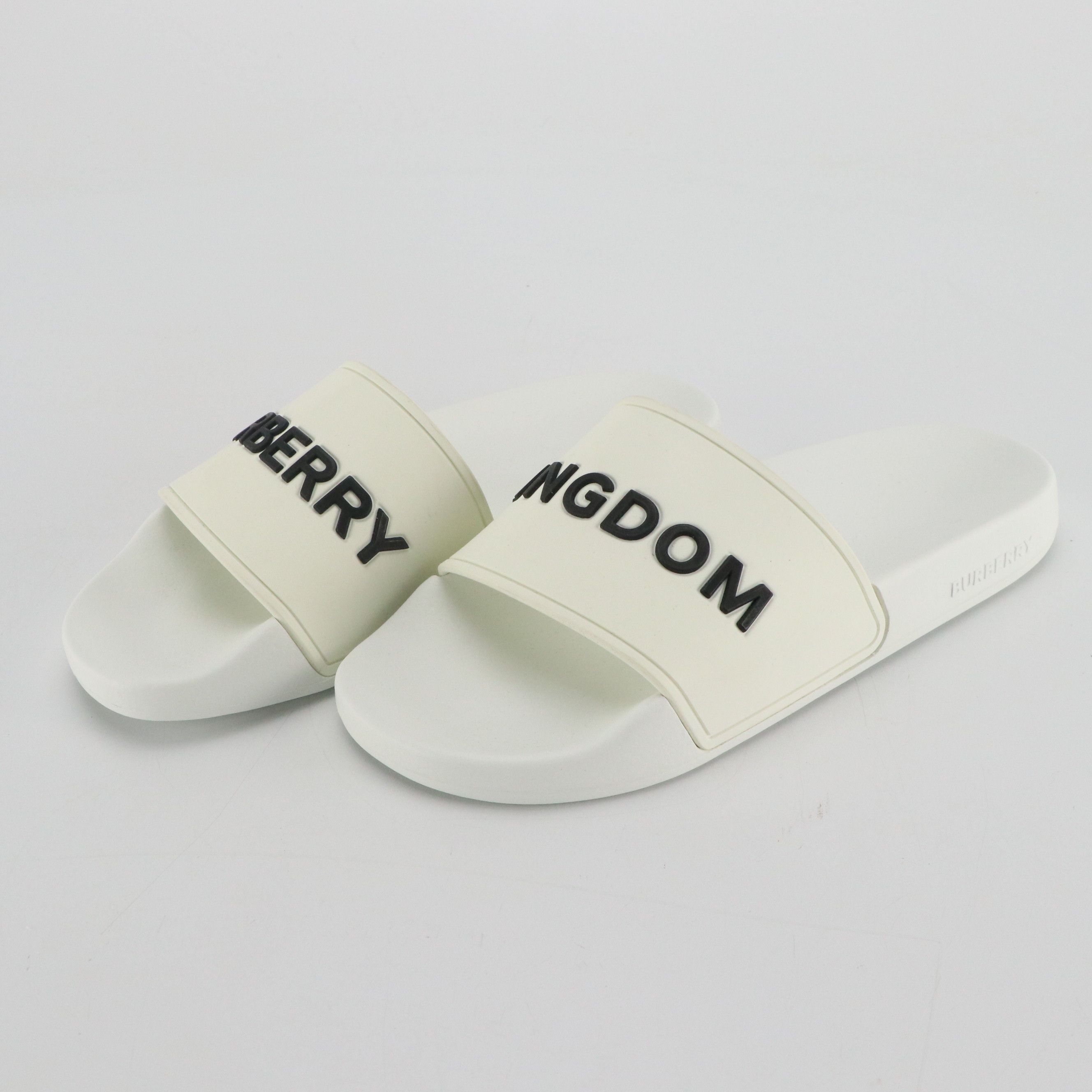 Burberry "Furley" Kingdom Motif White Rubber Slides, With Box