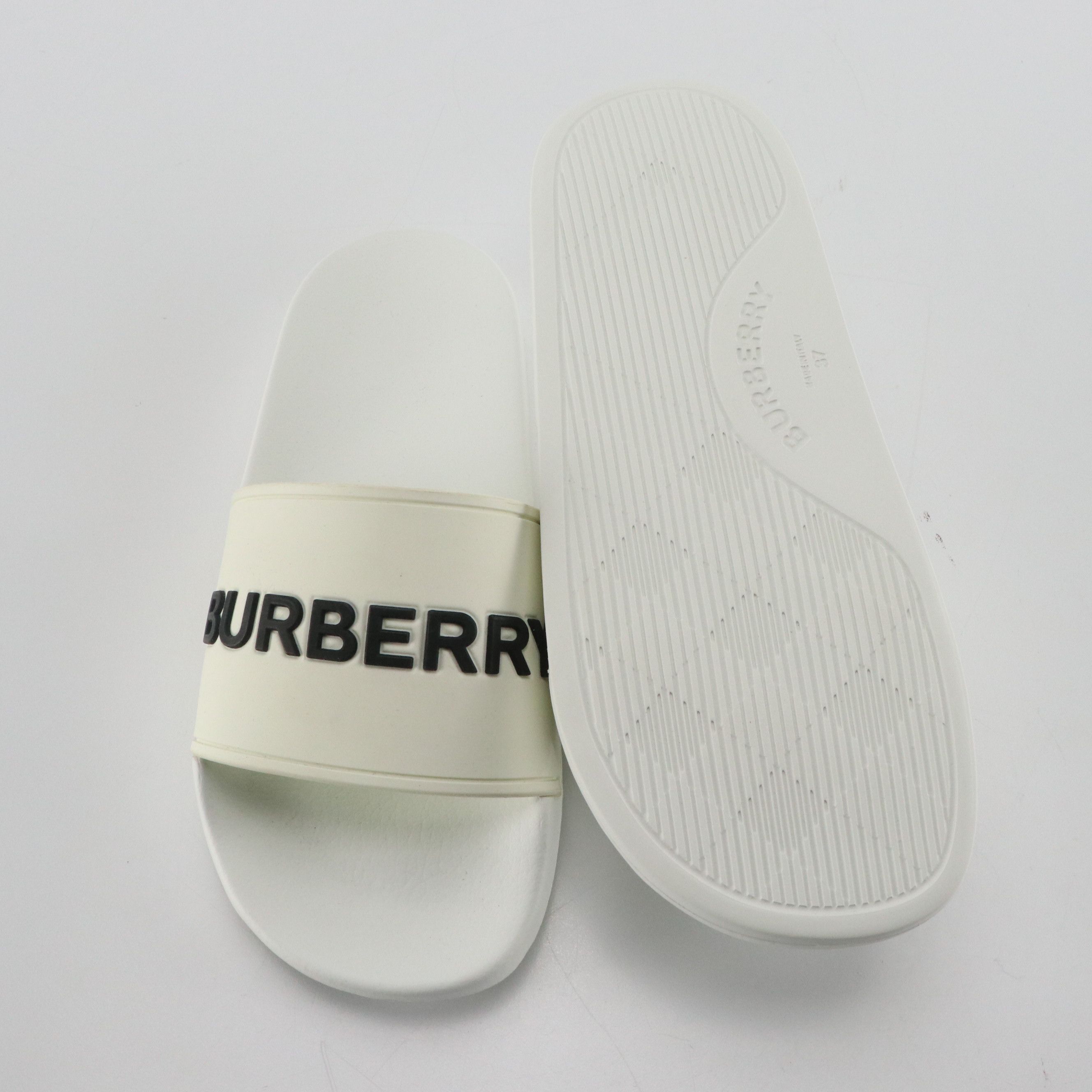 Burberry "Furley" Kingdom Motif White Rubber Slides, With Box