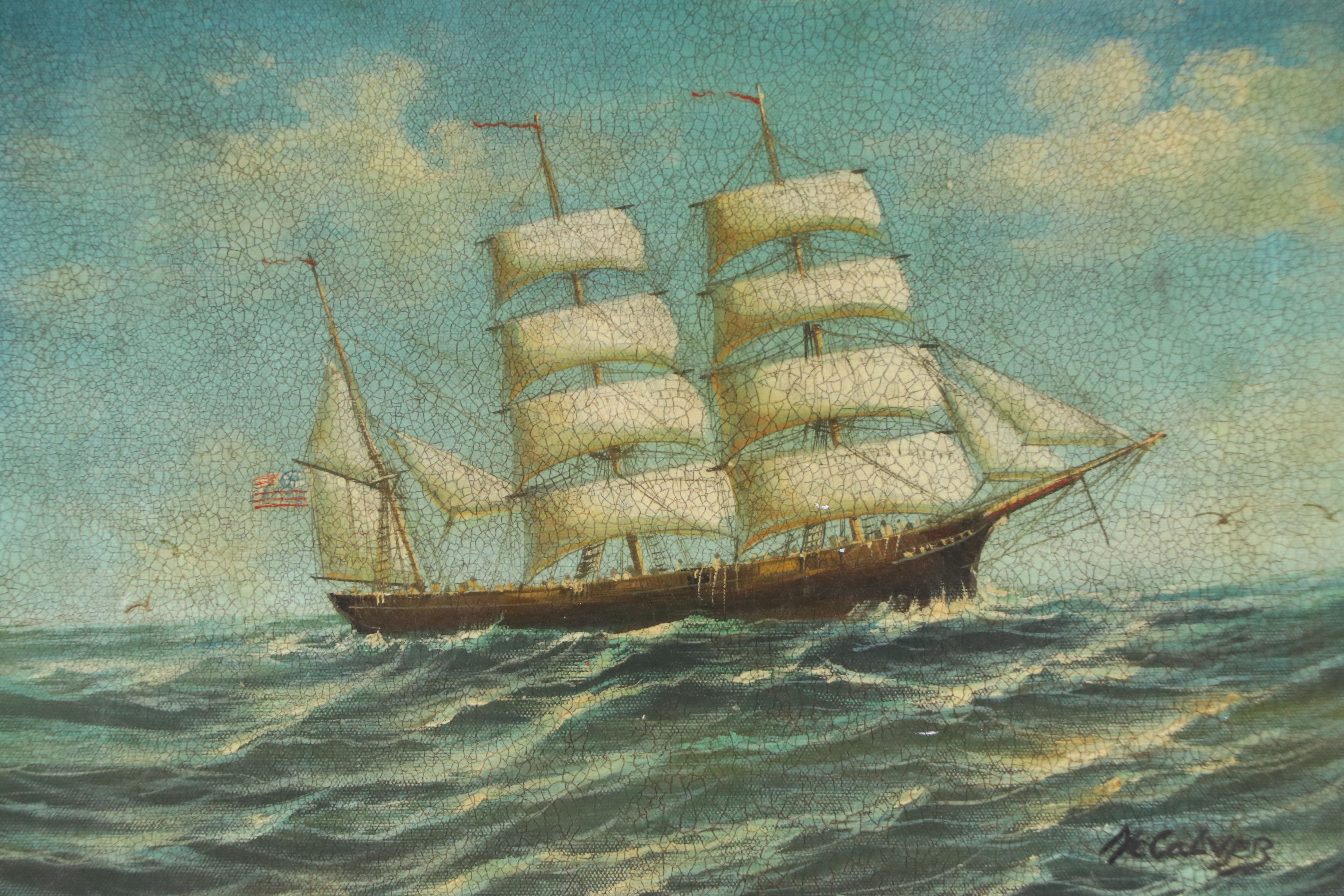Attributed to D. Aldro Maritime Oil Painting of Tall Ship, Circa Early 20th C.