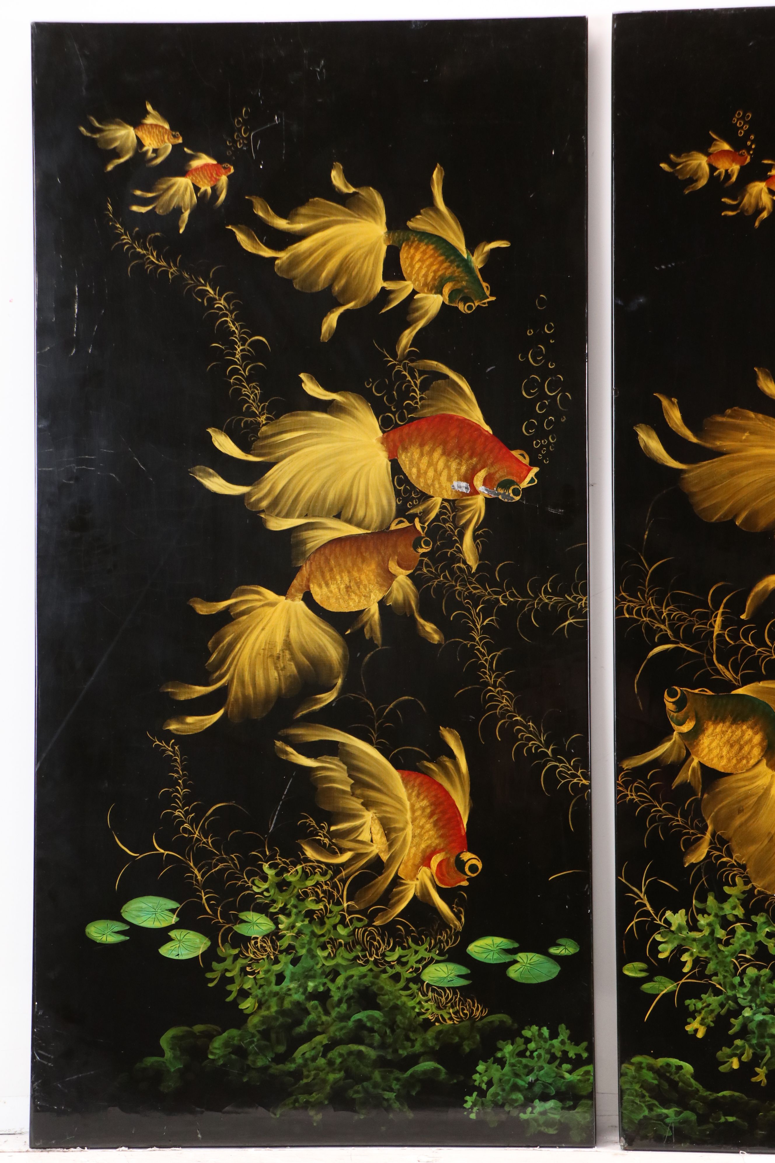 Vietnamese School Lacquered Triptych with Goldfish Motif