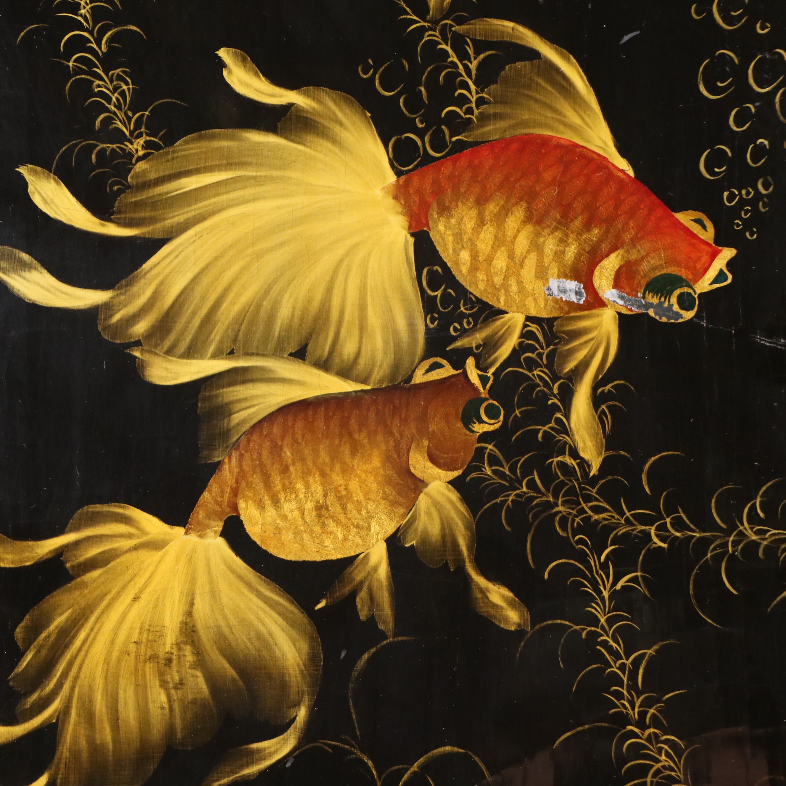 Vietnamese School Lacquered Triptych with Goldfish Motif