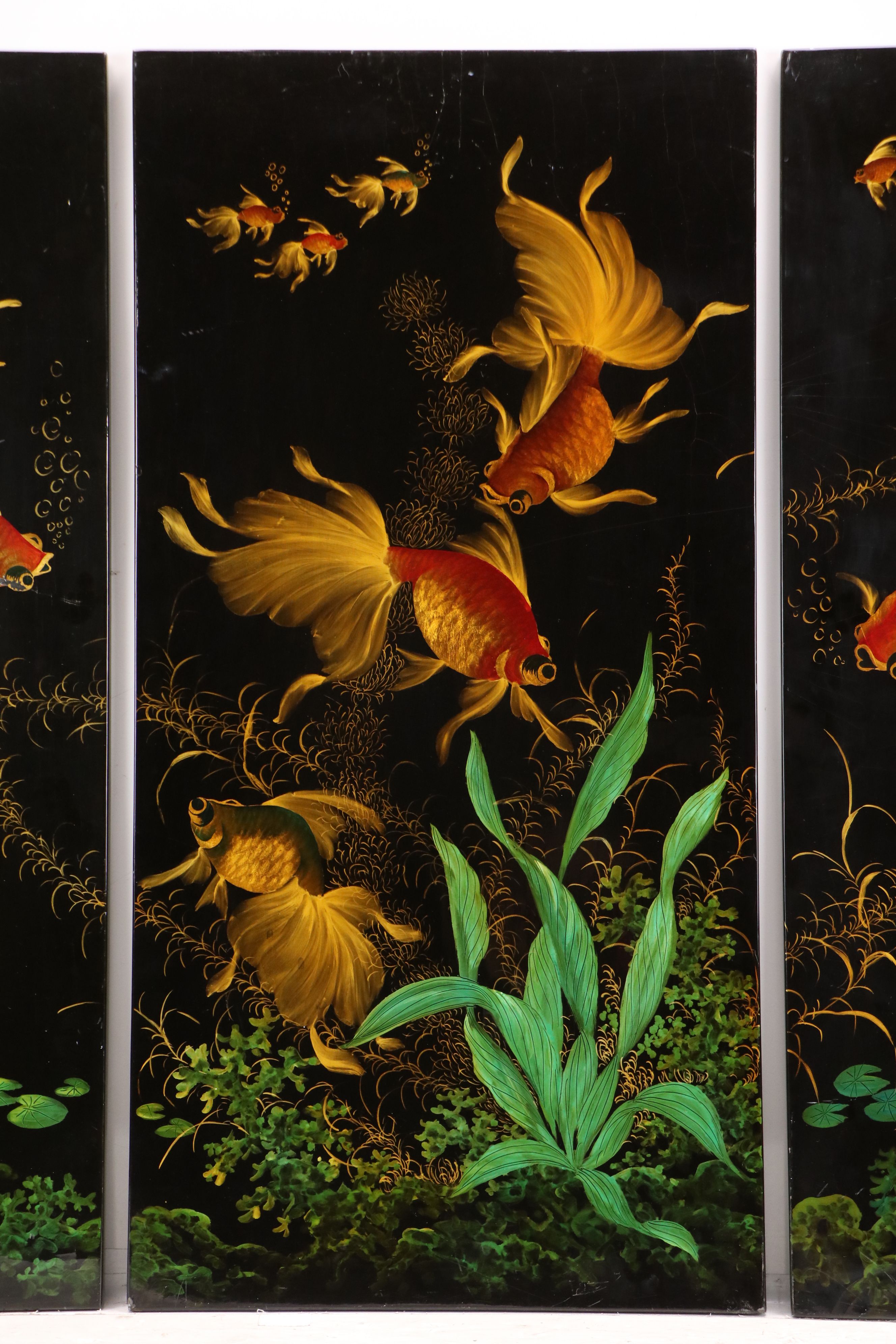 Vietnamese School Lacquered Triptych with Goldfish Motif