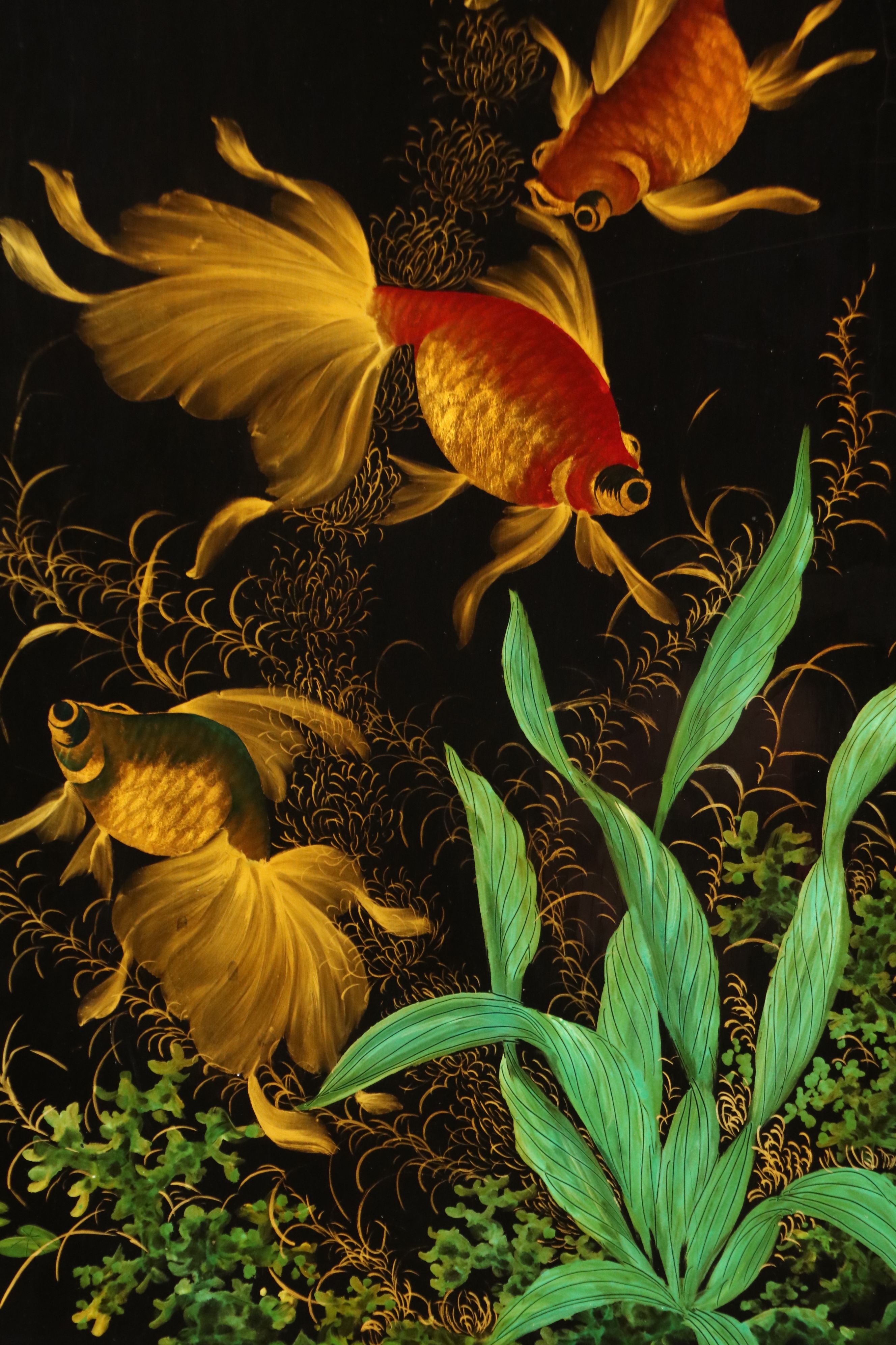 Vietnamese School Lacquered Triptych with Goldfish Motif