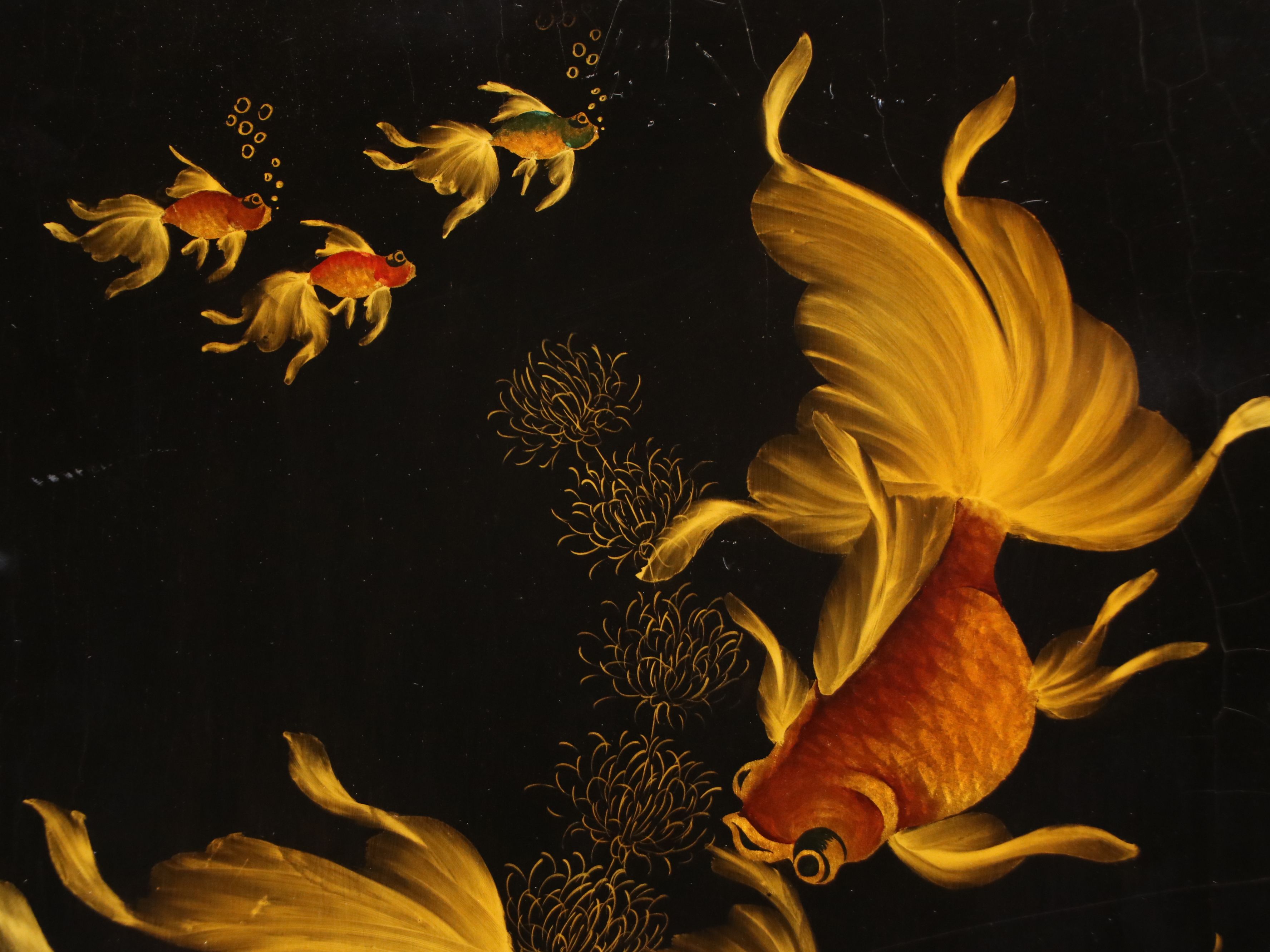 Vietnamese School Lacquered Triptych with Goldfish Motif