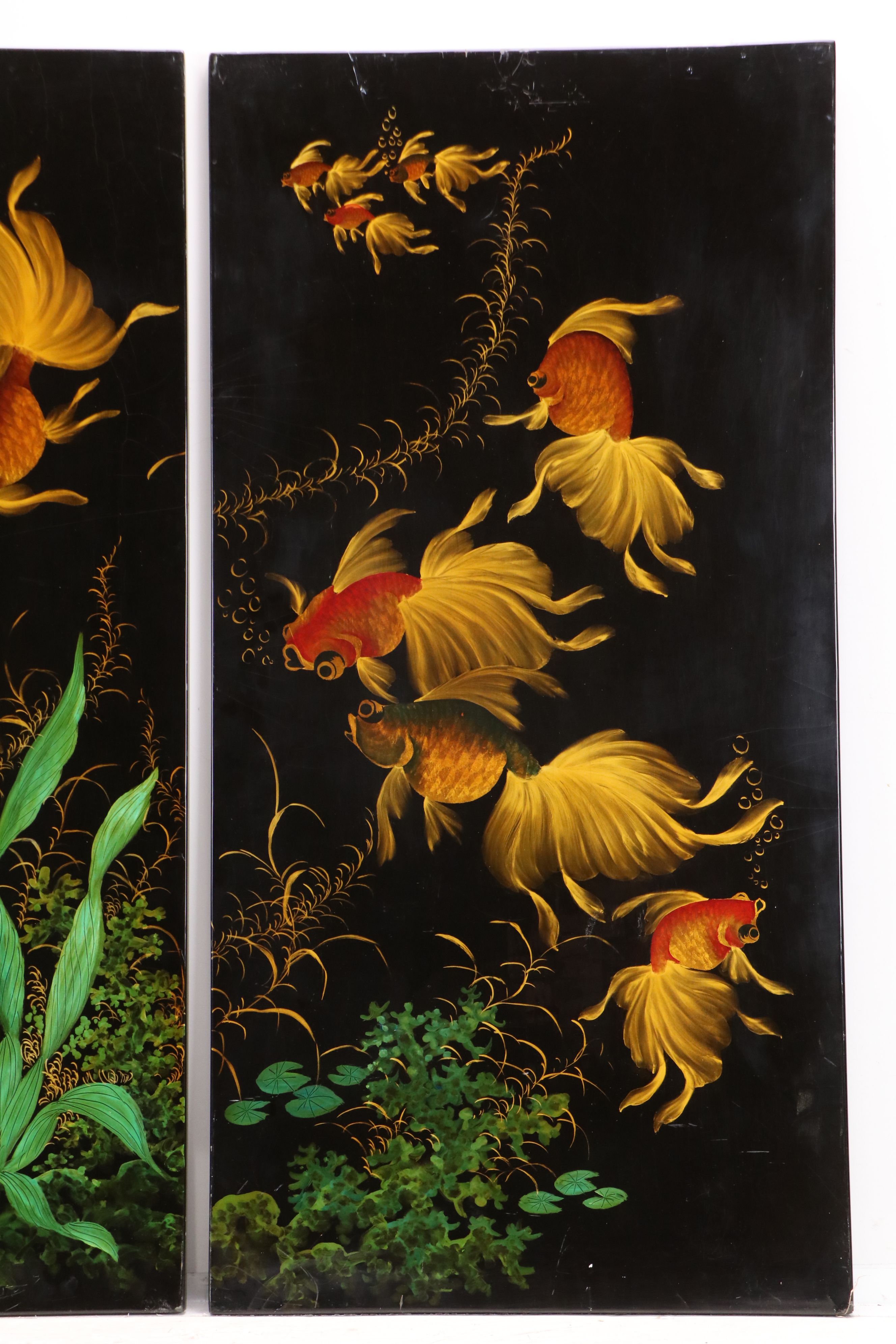 Vietnamese School Lacquered Triptych with Goldfish Motif