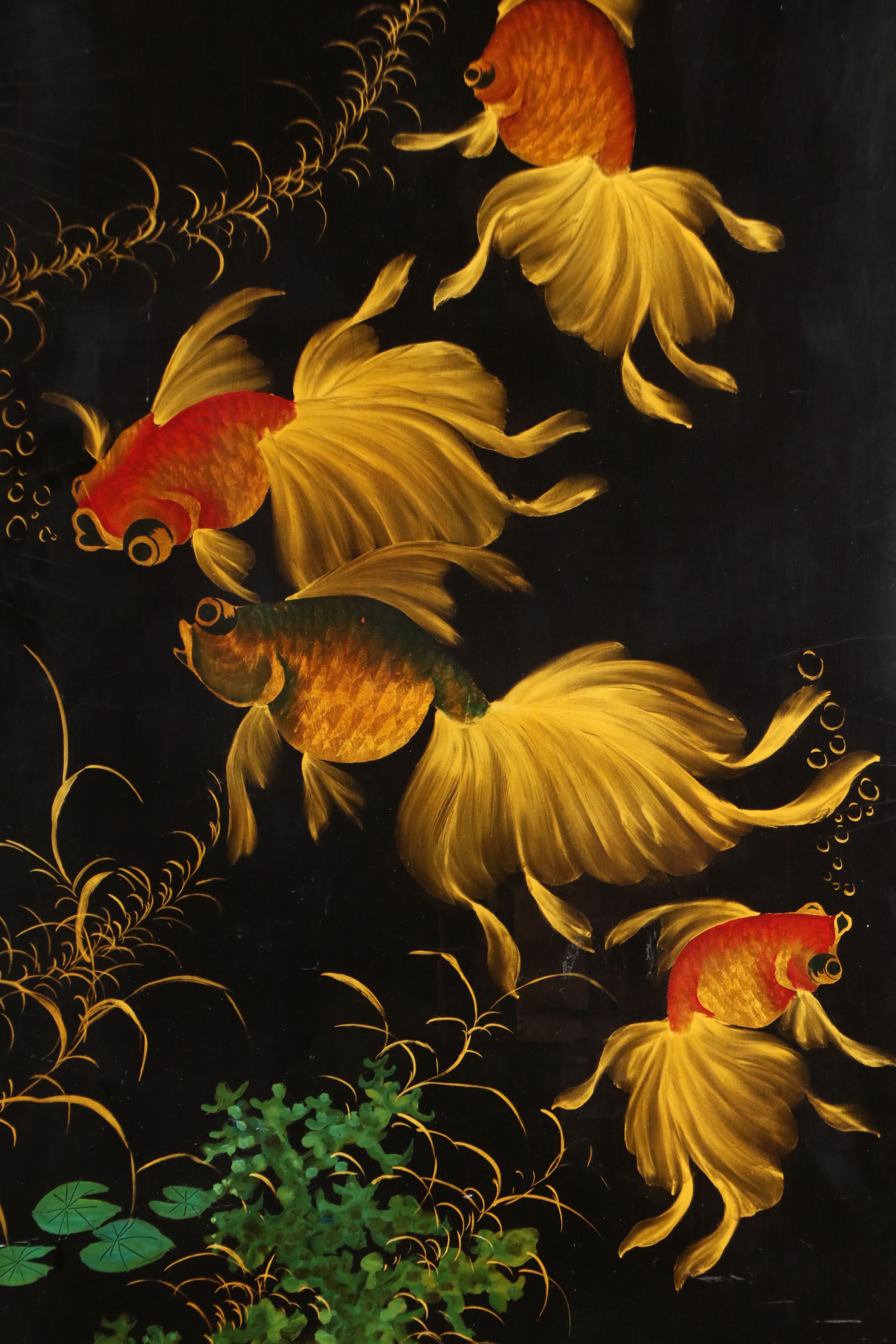 Vietnamese School Lacquered Triptych with Goldfish Motif