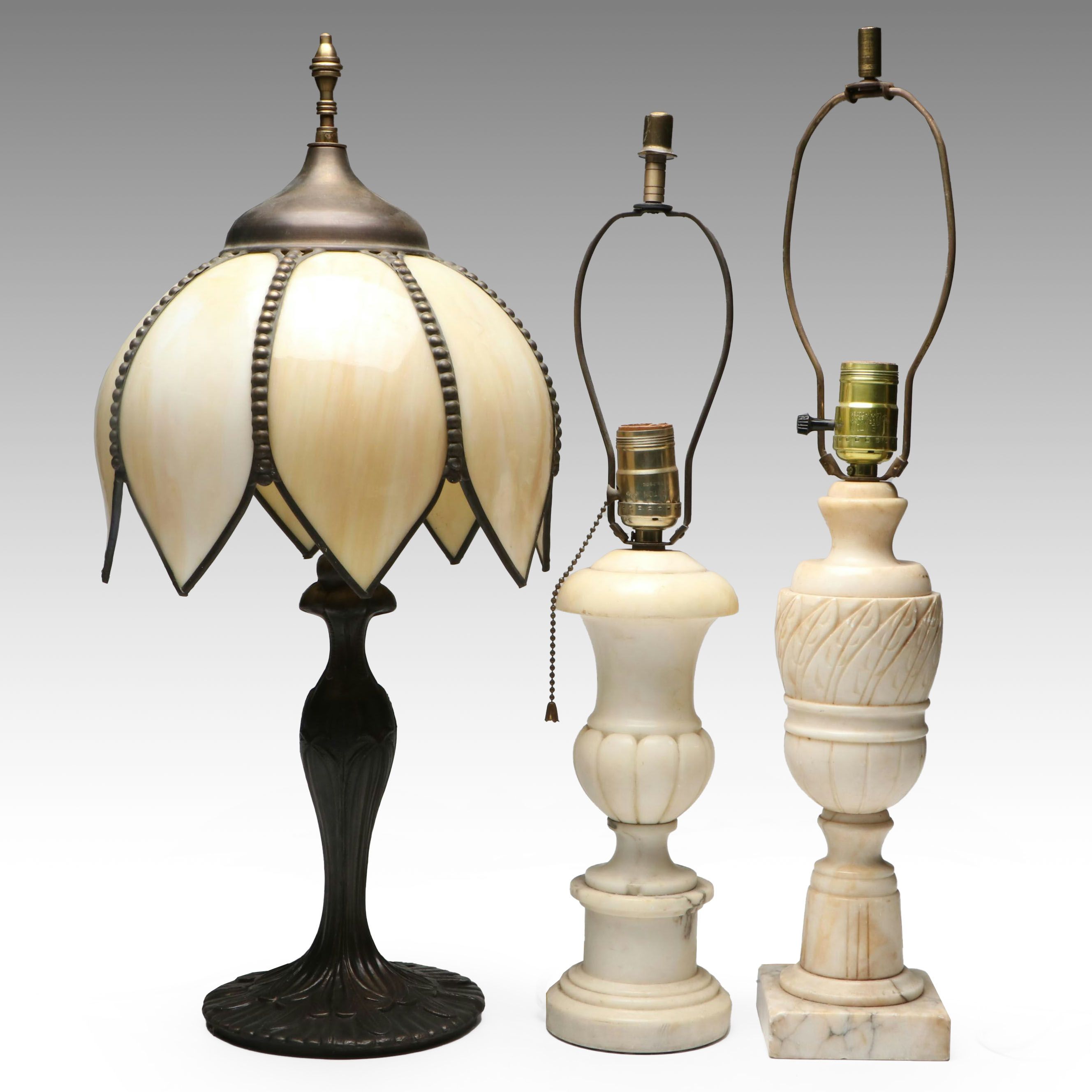 Art Nouveau Lamp with Bent Panel Tulip Shade and Alabaster Urn Table Lamps