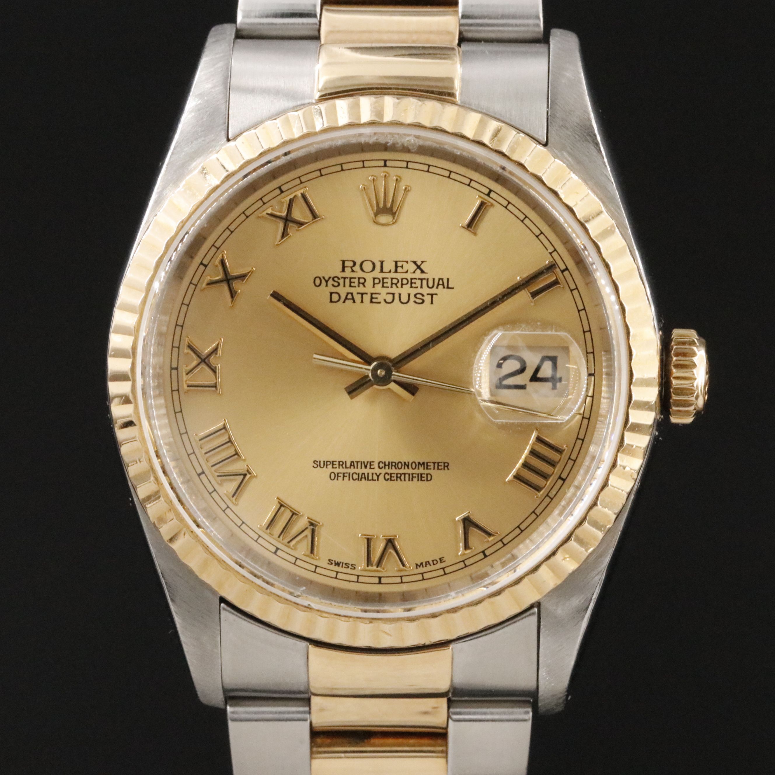 2001 Rolex Champagne Roman Dial Two Tone Datejust 16233 Watch