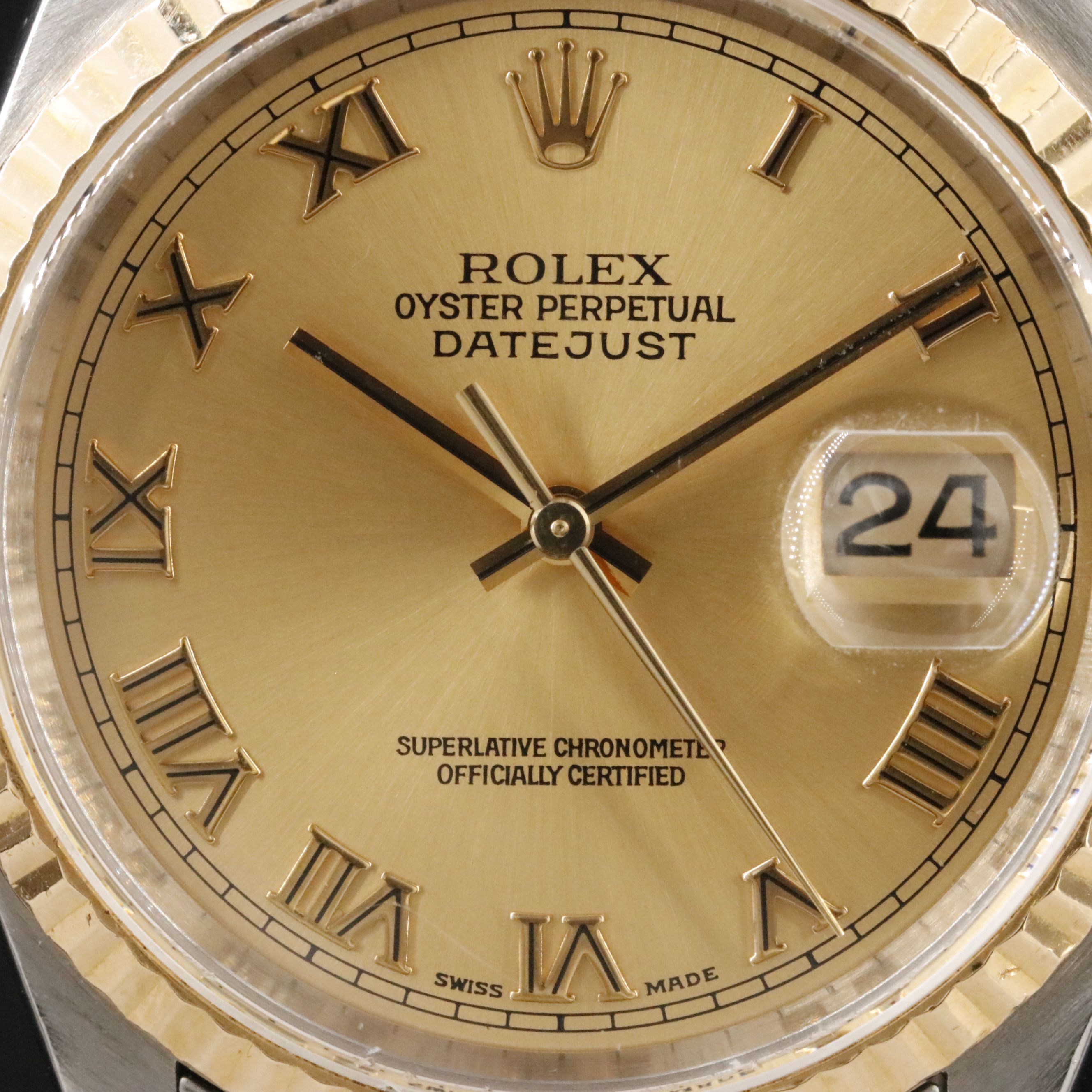 2001 Rolex Champagne Roman Dial Two Tone Datejust 16233 Watch