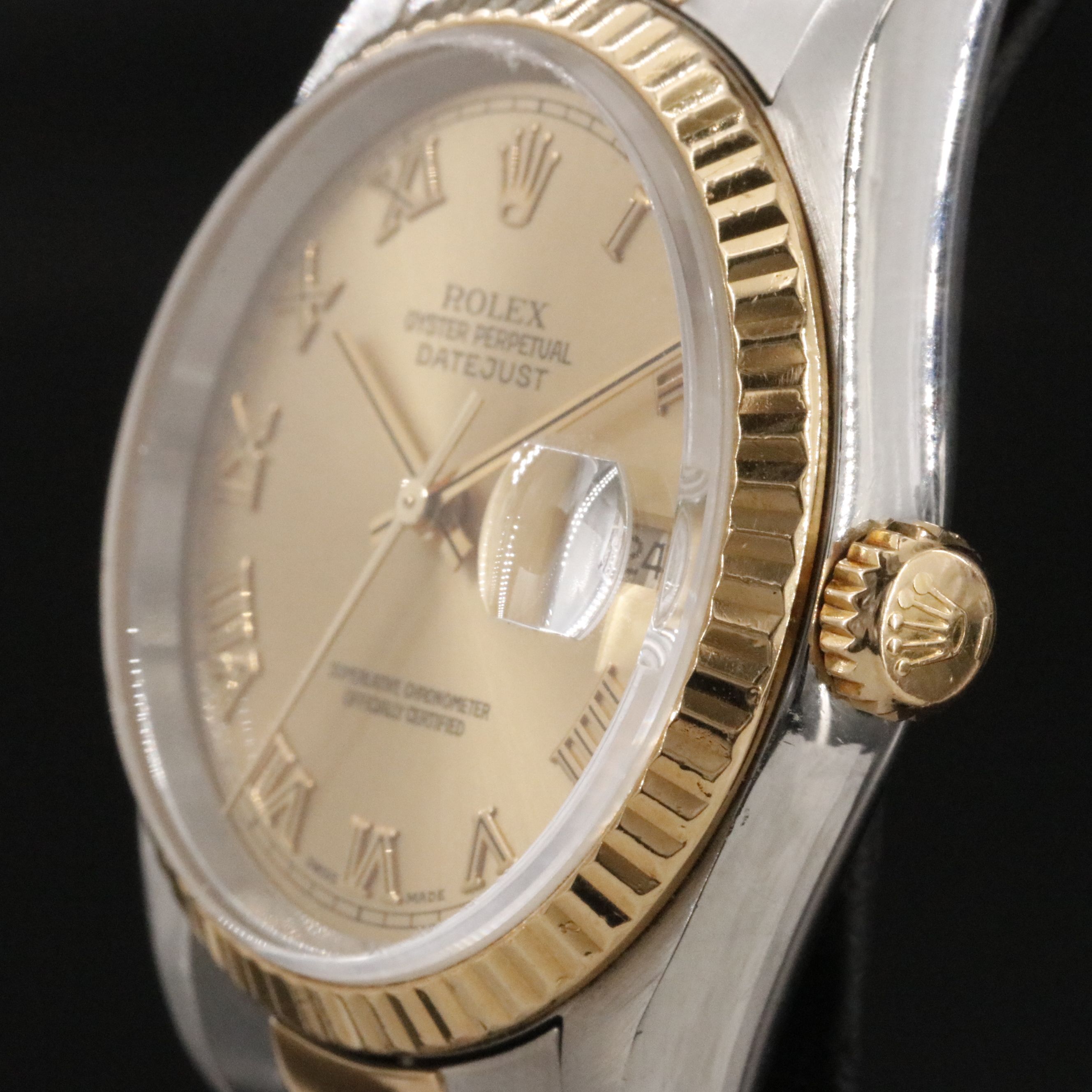 2001 Rolex Champagne Roman Dial Two Tone Datejust 16233 Watch