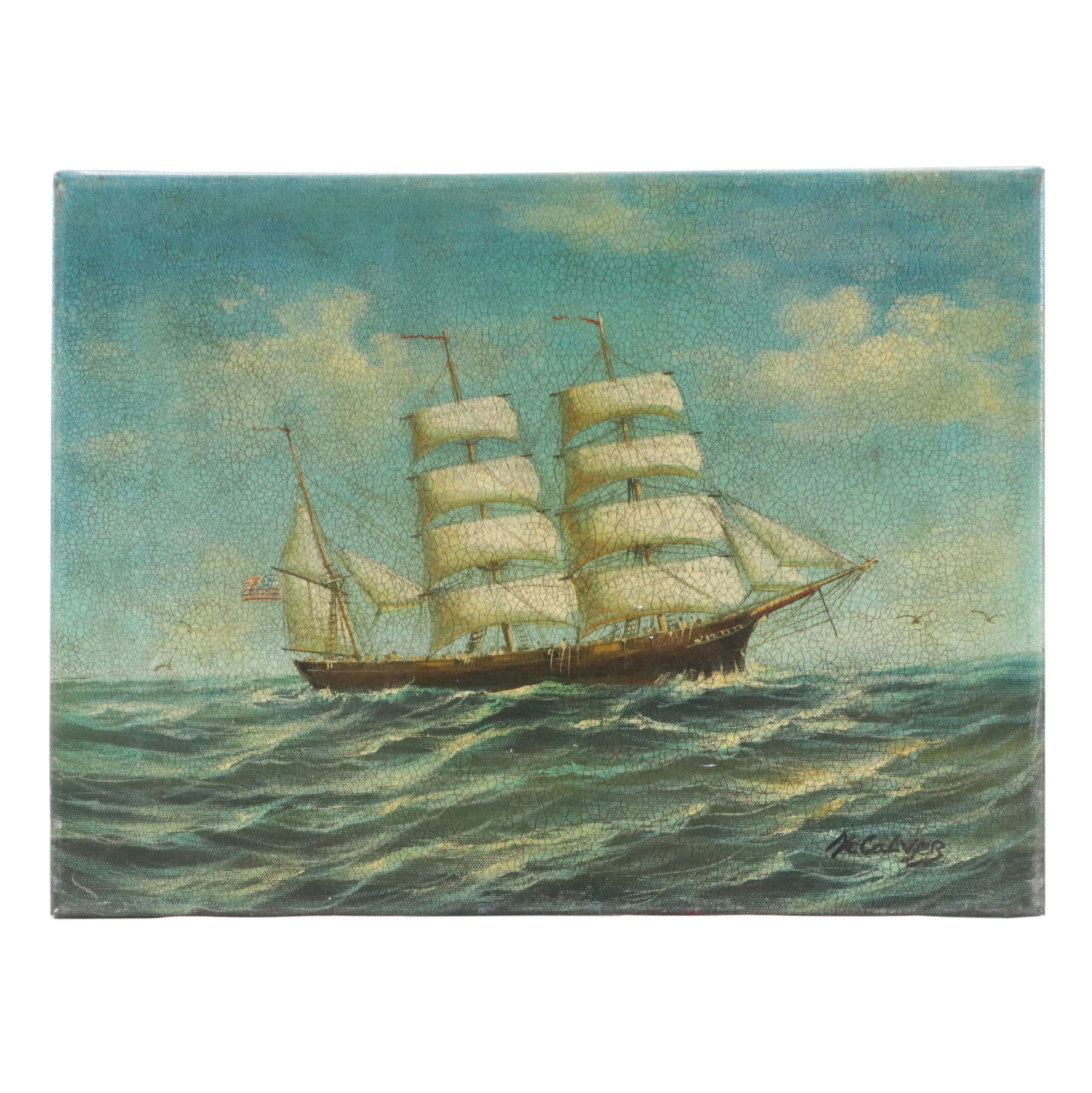 Attributed to D. Aldro Maritime Oil Painting of Tall Ship, Circa Early 20th C.
