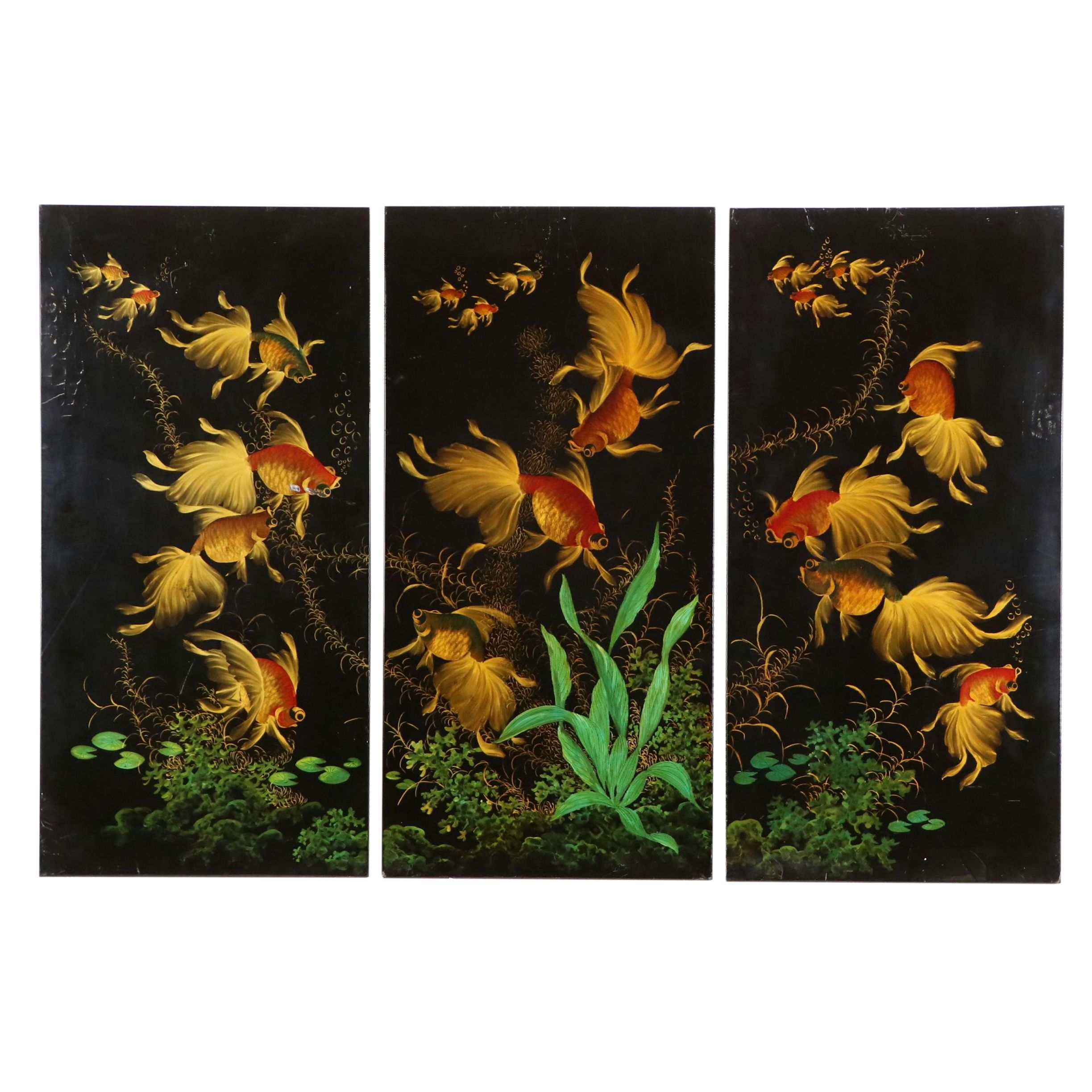 Vietnamese School Lacquered Triptych with Goldfish Motif
