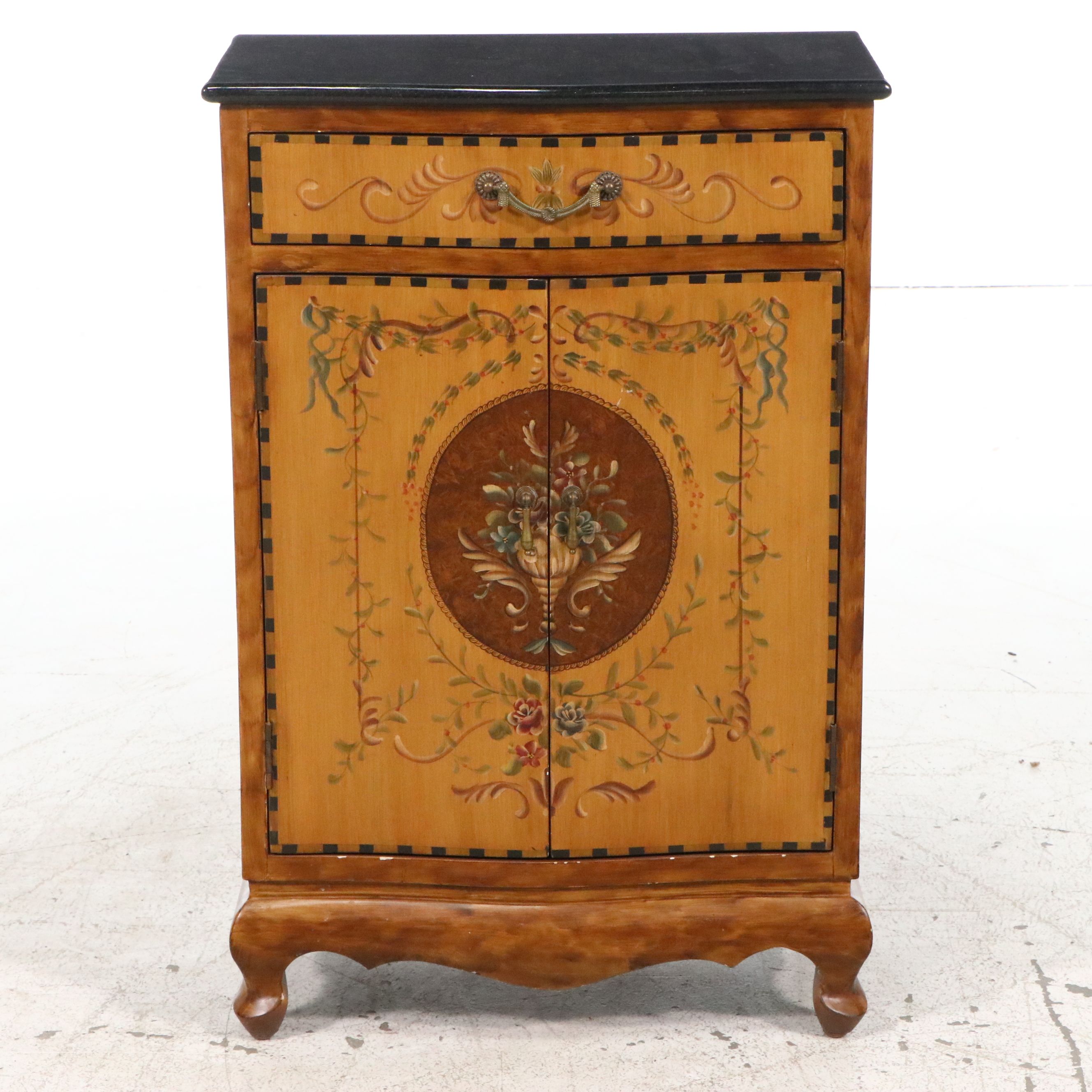 French Provincial Style Hand-Painted Accent Cabinet with Black Granite Top