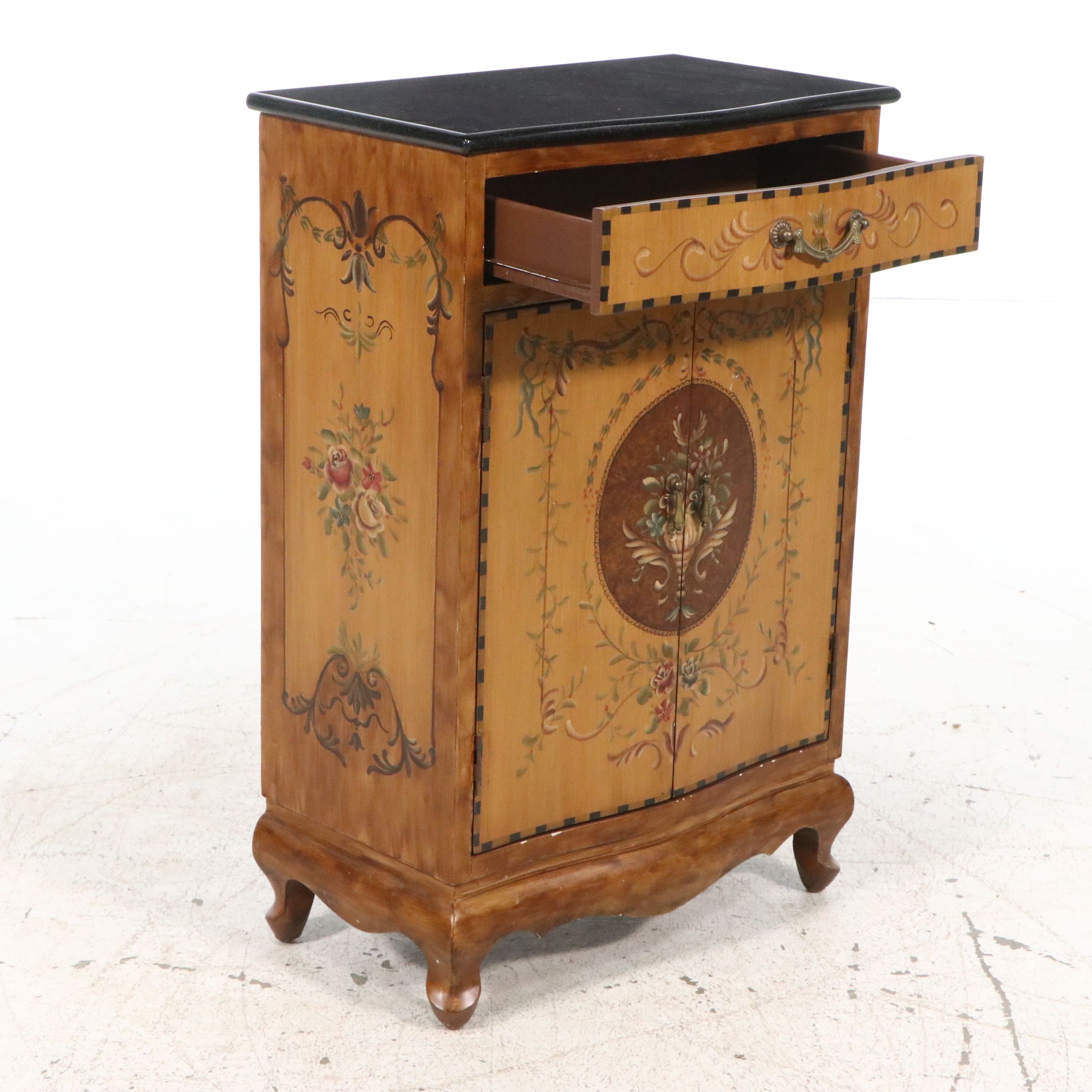 French Provincial Style Hand-Painted Accent Cabinet with Black Granite Top
