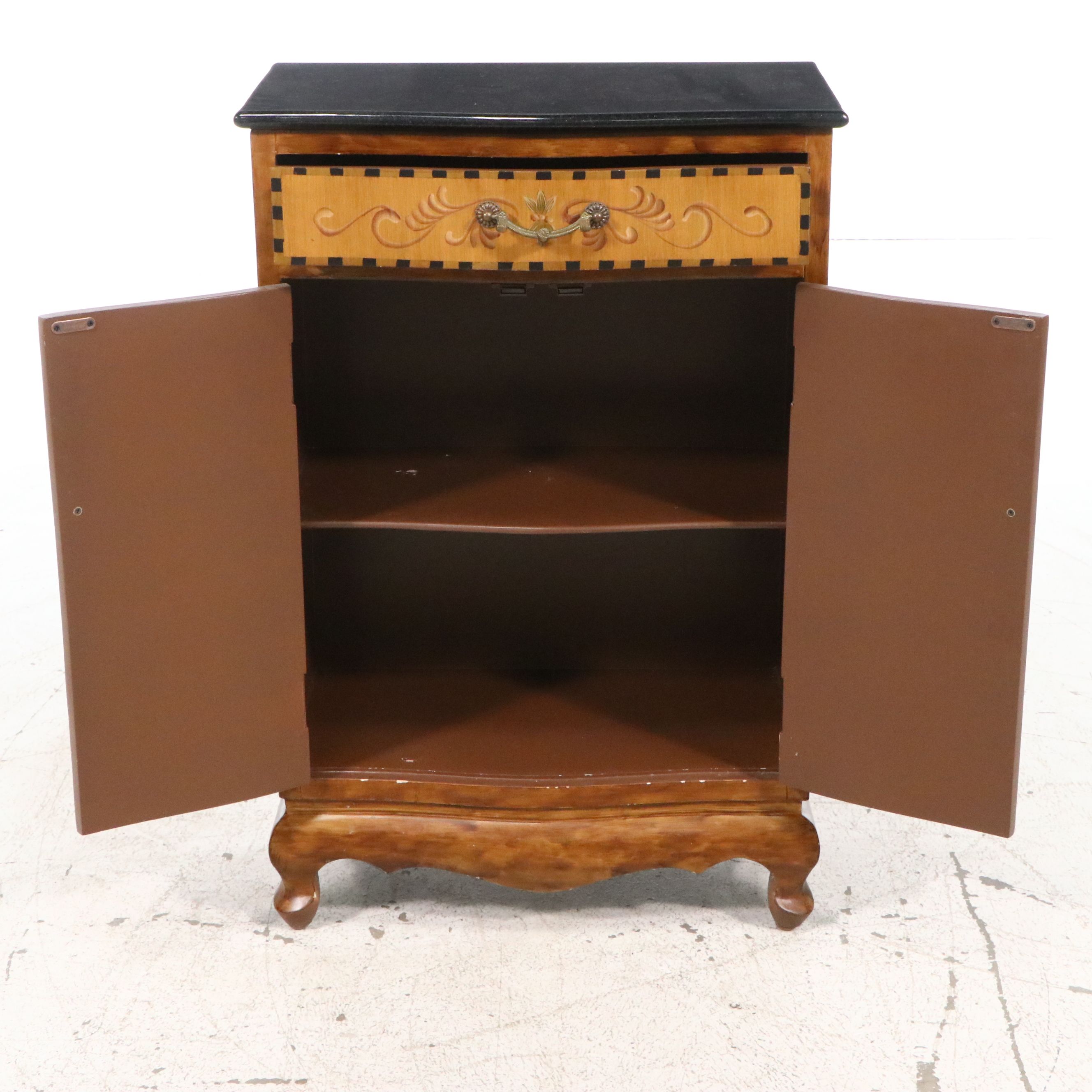 French Provincial Style Hand-Painted Accent Cabinet with Black Granite Top