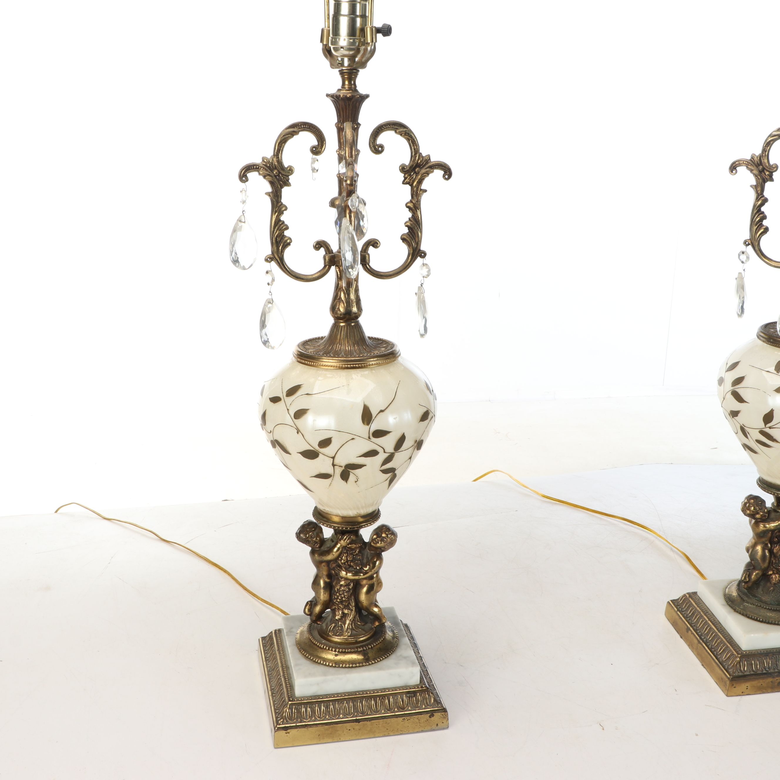 Rococo Style Ormolu-Mount Glass Table Lamps with Crystal Drops