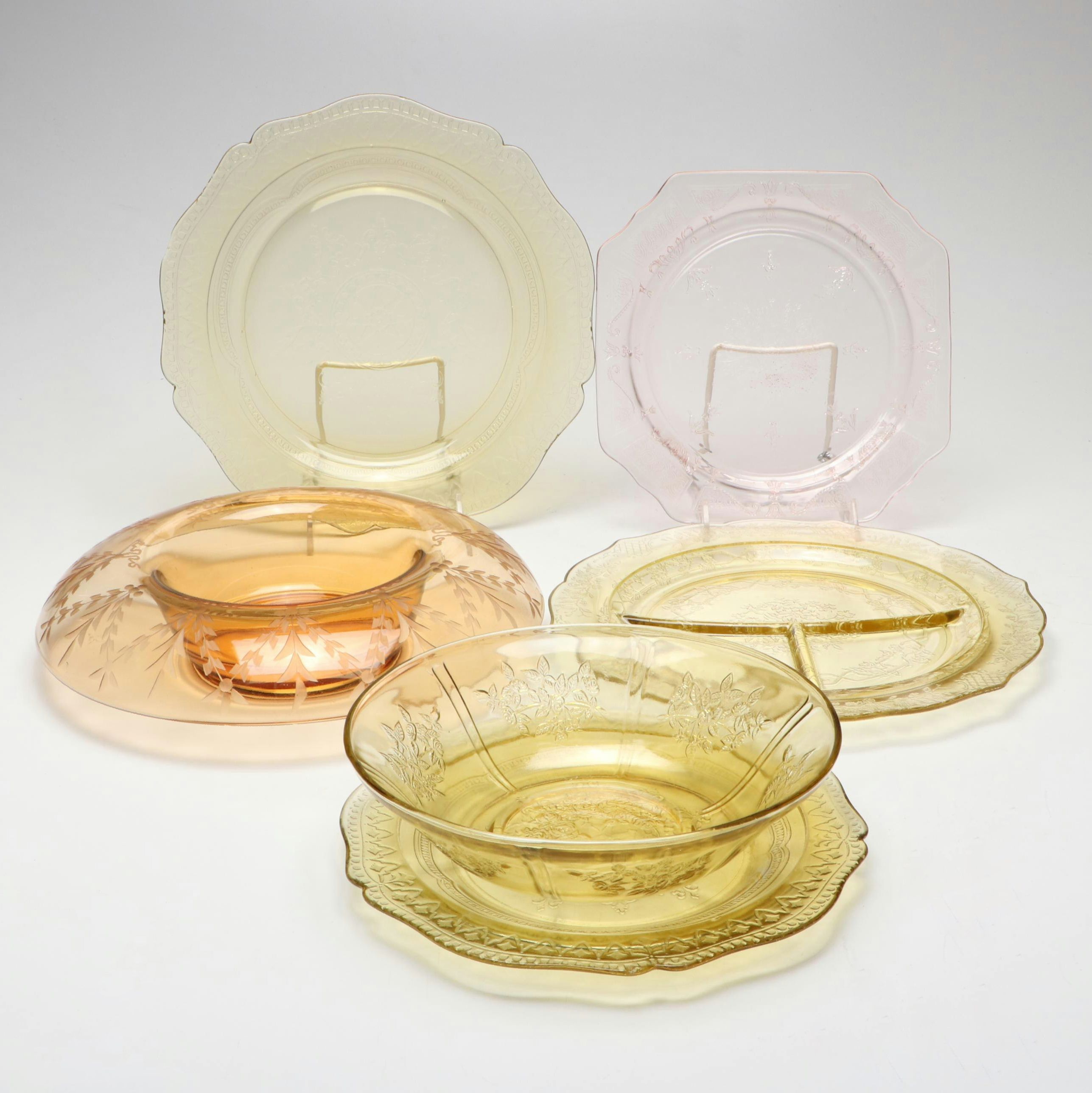 Federal and Other Depression Glass with Etched Bowl, Mid-20th Century