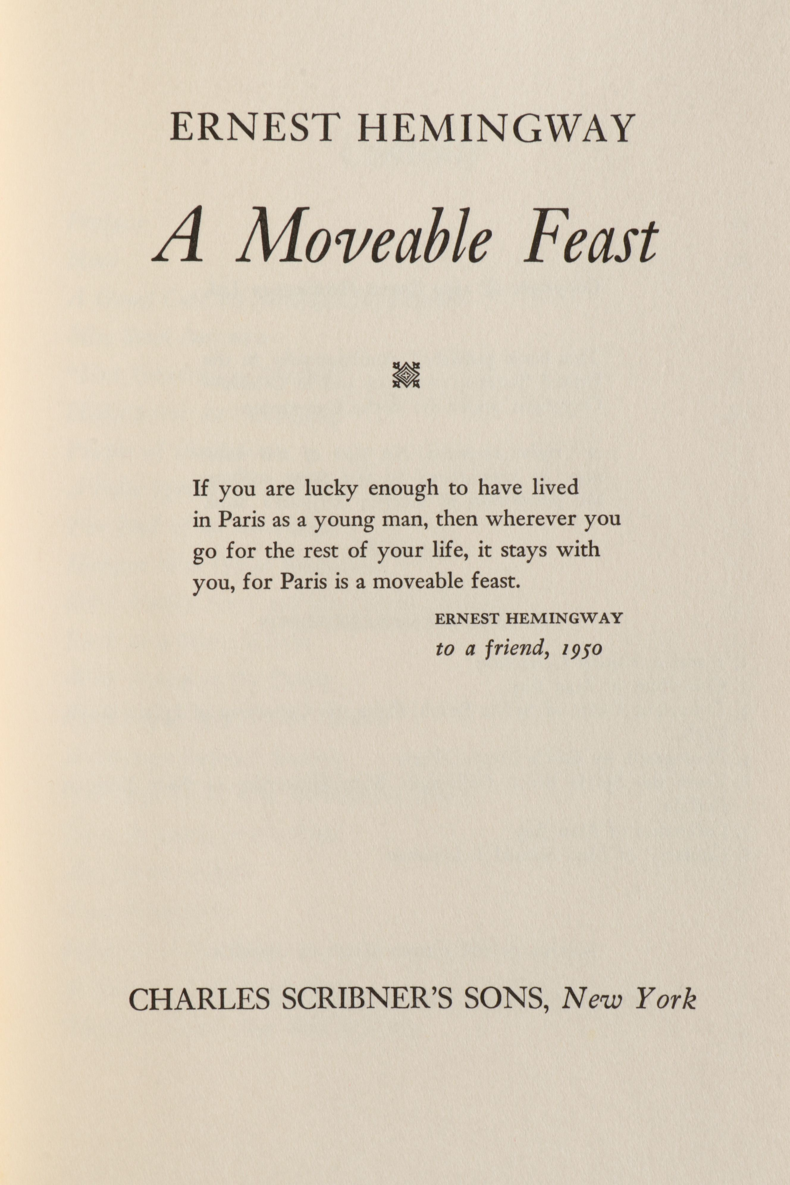 First Printing "A Moveable Feast" by Ernest Hemingway, 1964