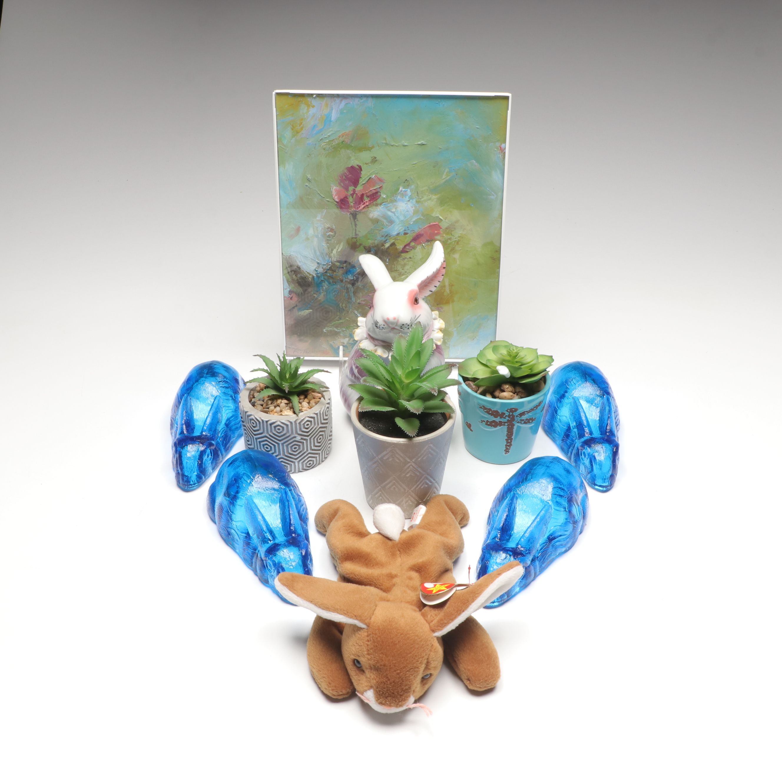 Glass, Ceramic and Stuffed Bunny Figures with Faux Succulents and More Décor