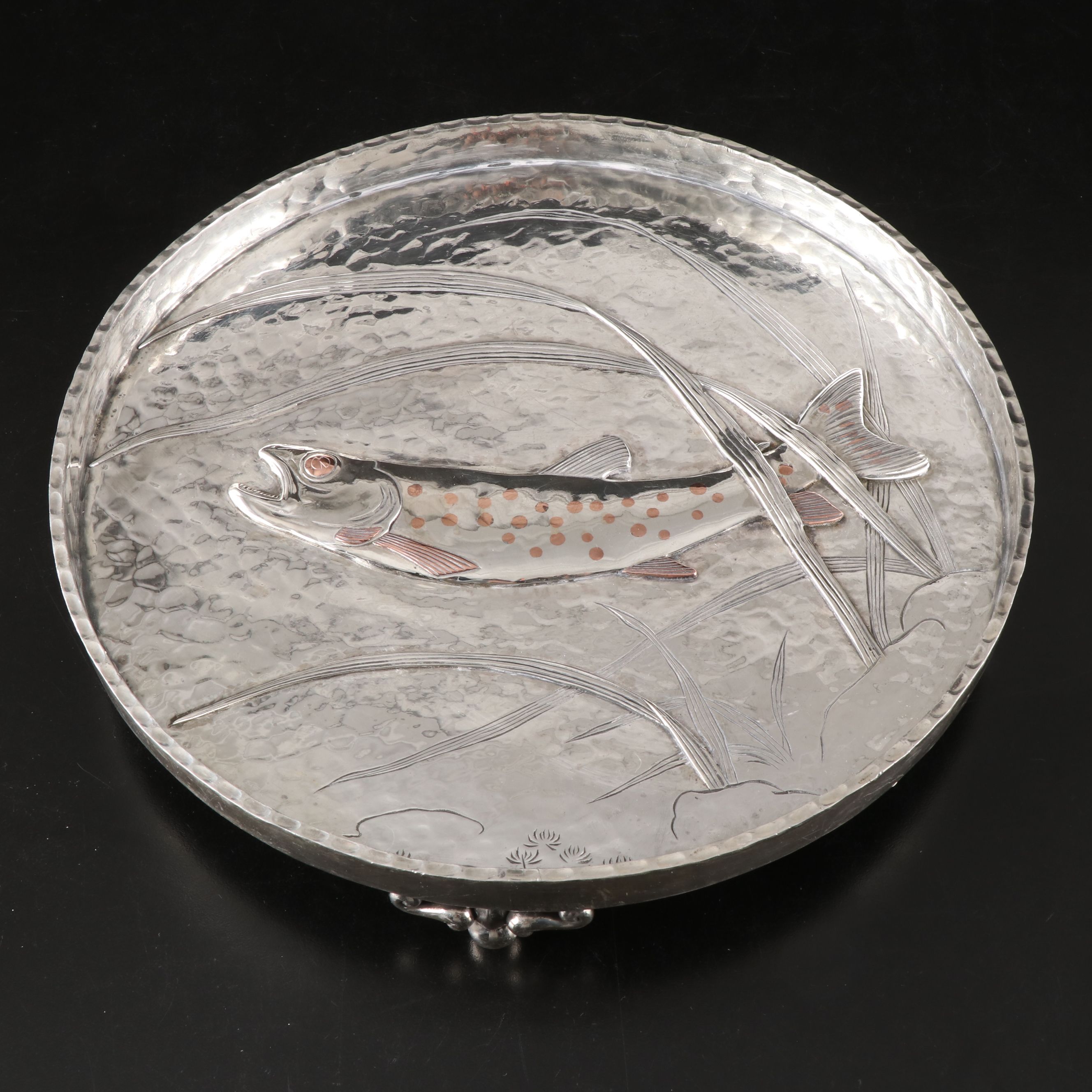 Kennard & Jenks Japonesque Hammered Sterling Footed Tray, Late 19th Century