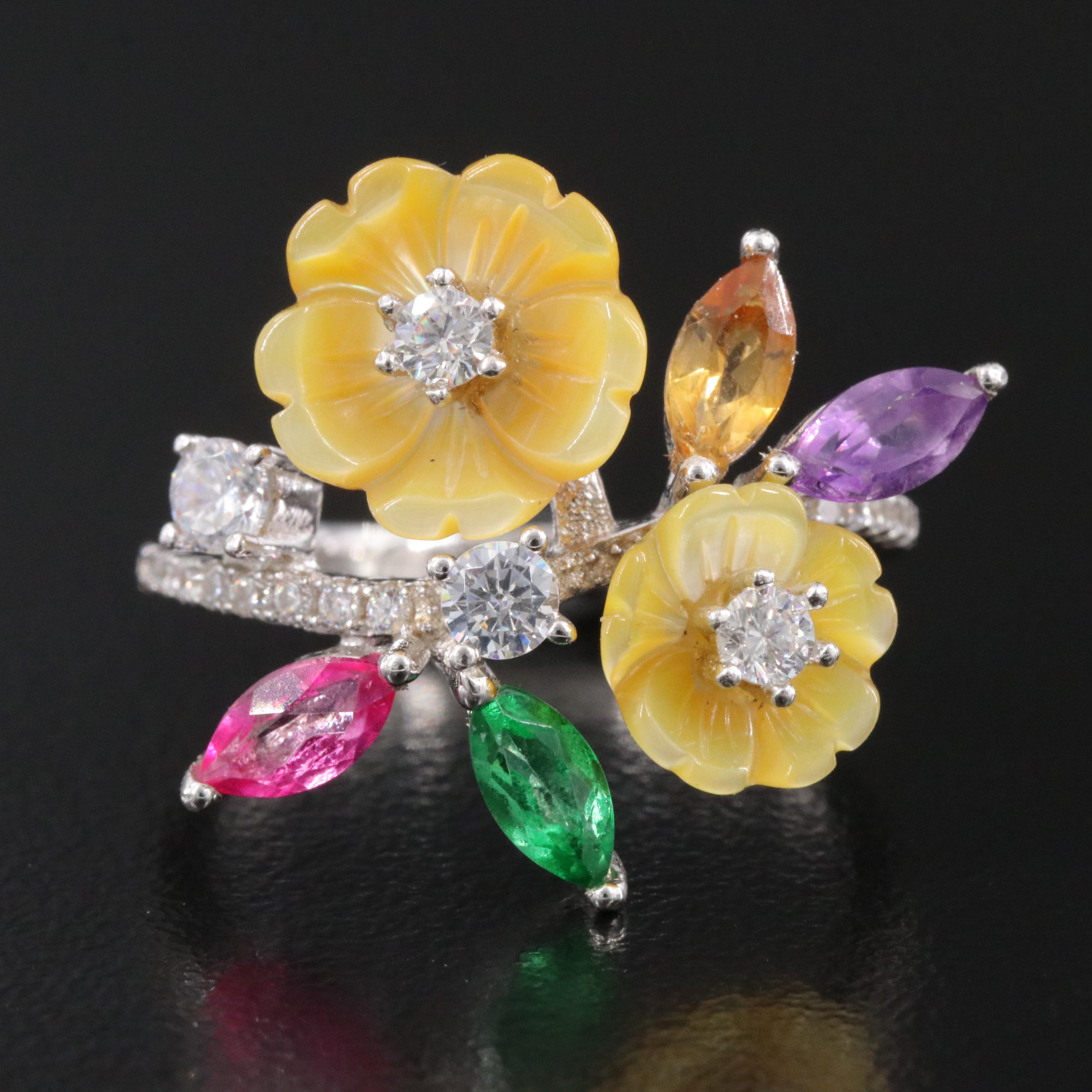 Sterling Gemstone Floral Ring