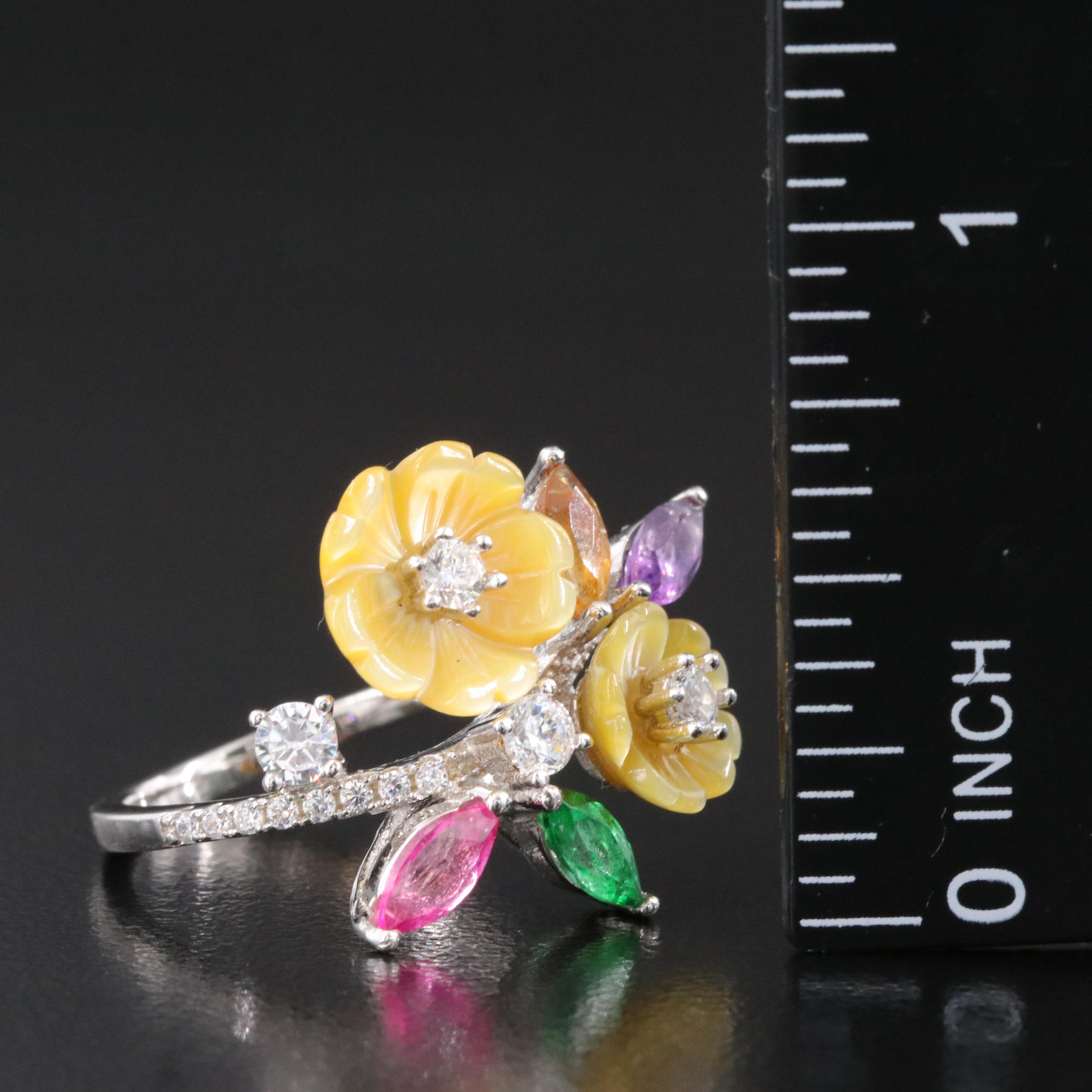 Sterling Gemstone Floral Ring