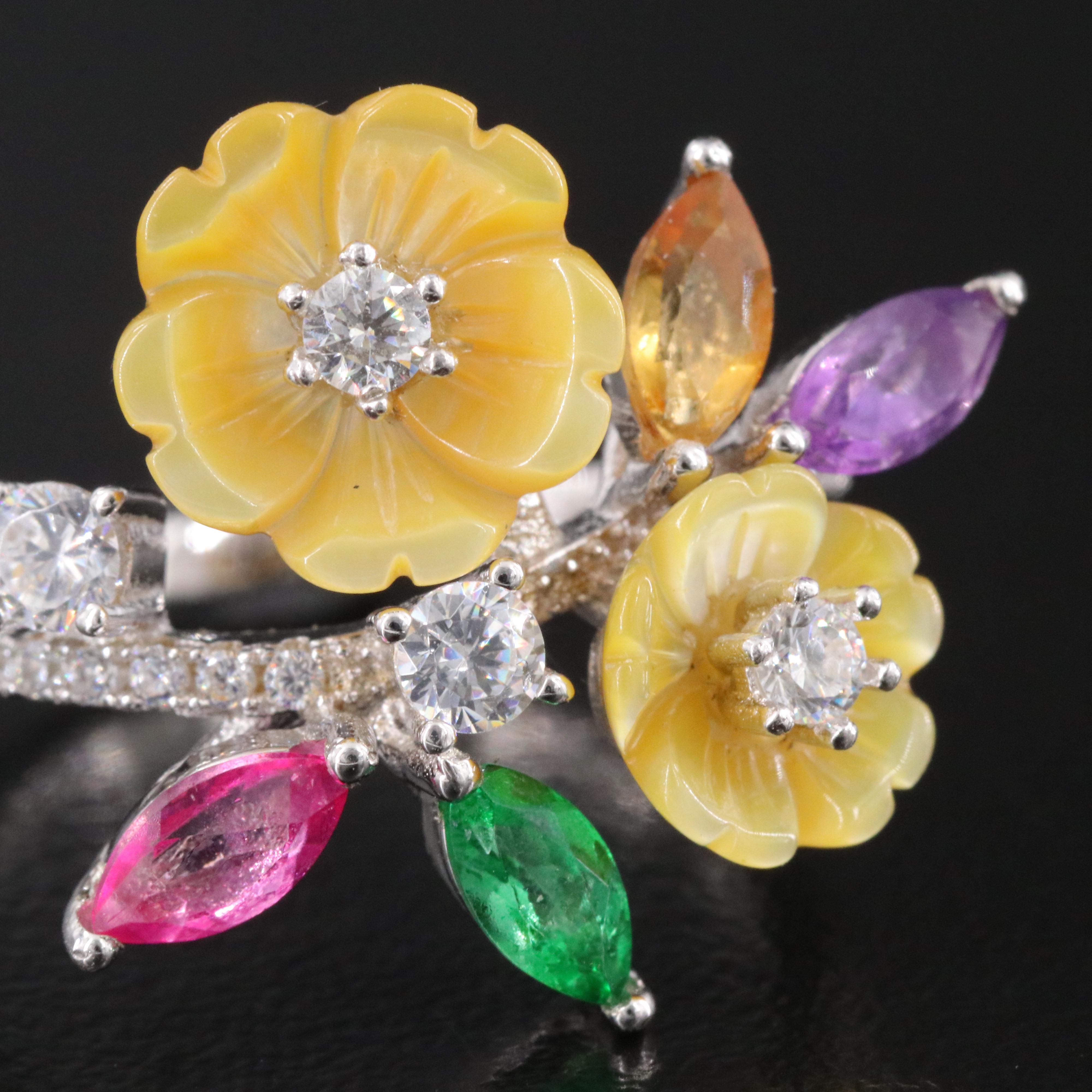 Sterling Gemstone Floral Ring