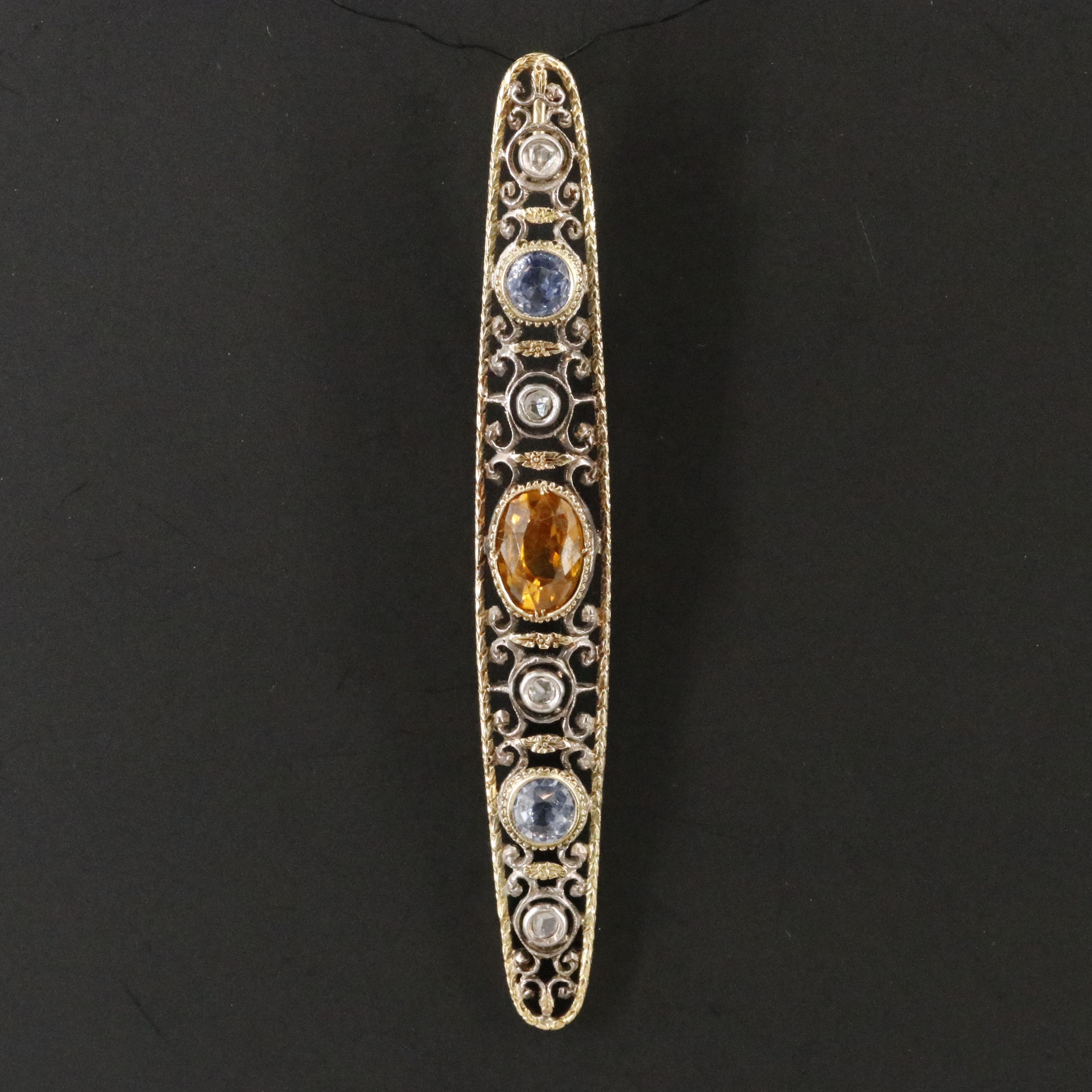 Edwardian 18K and Sterling Floral Scrollwork Pendant with Zircon and Sapphire