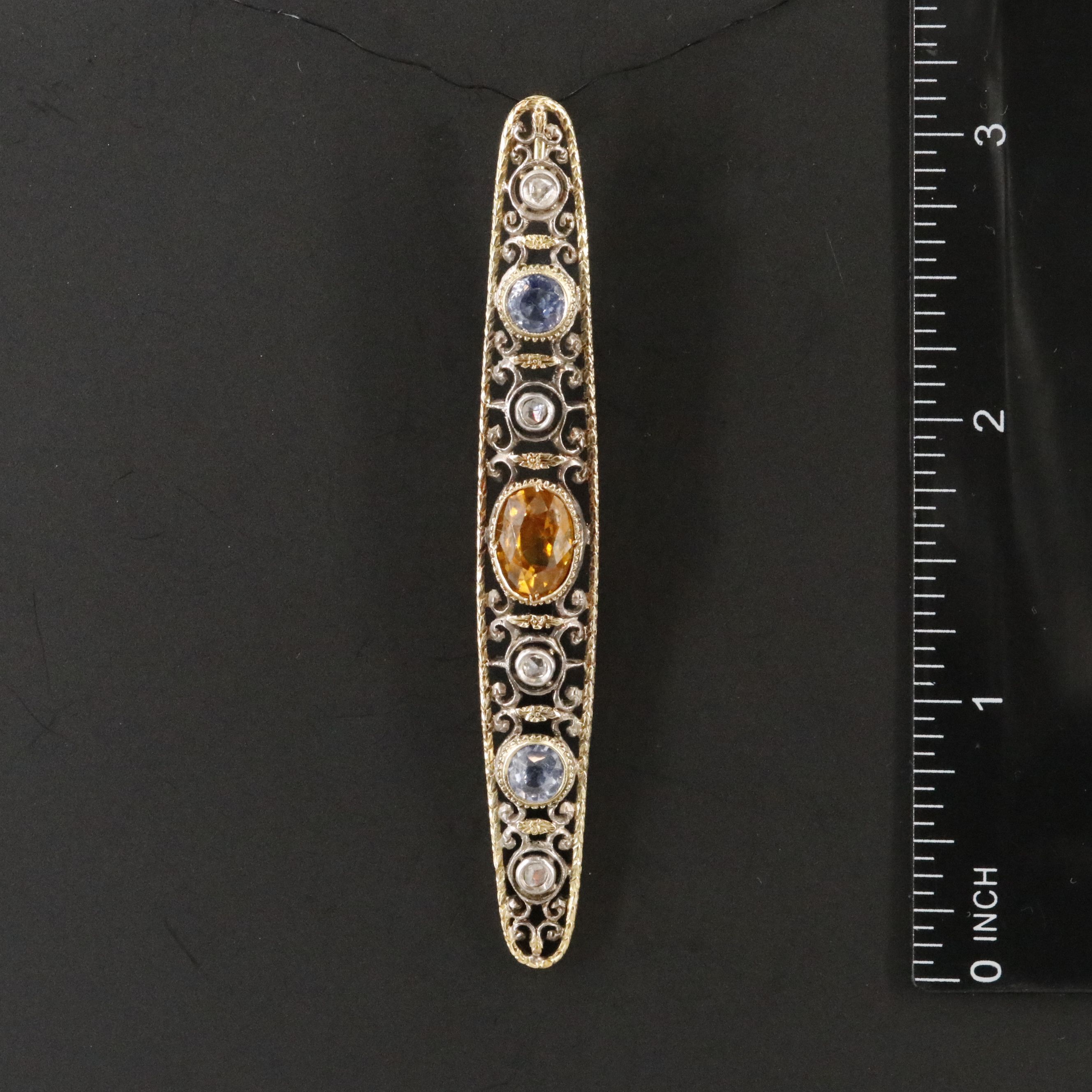 Edwardian 18K and Sterling Floral Scrollwork Pendant with Zircon and Sapphire