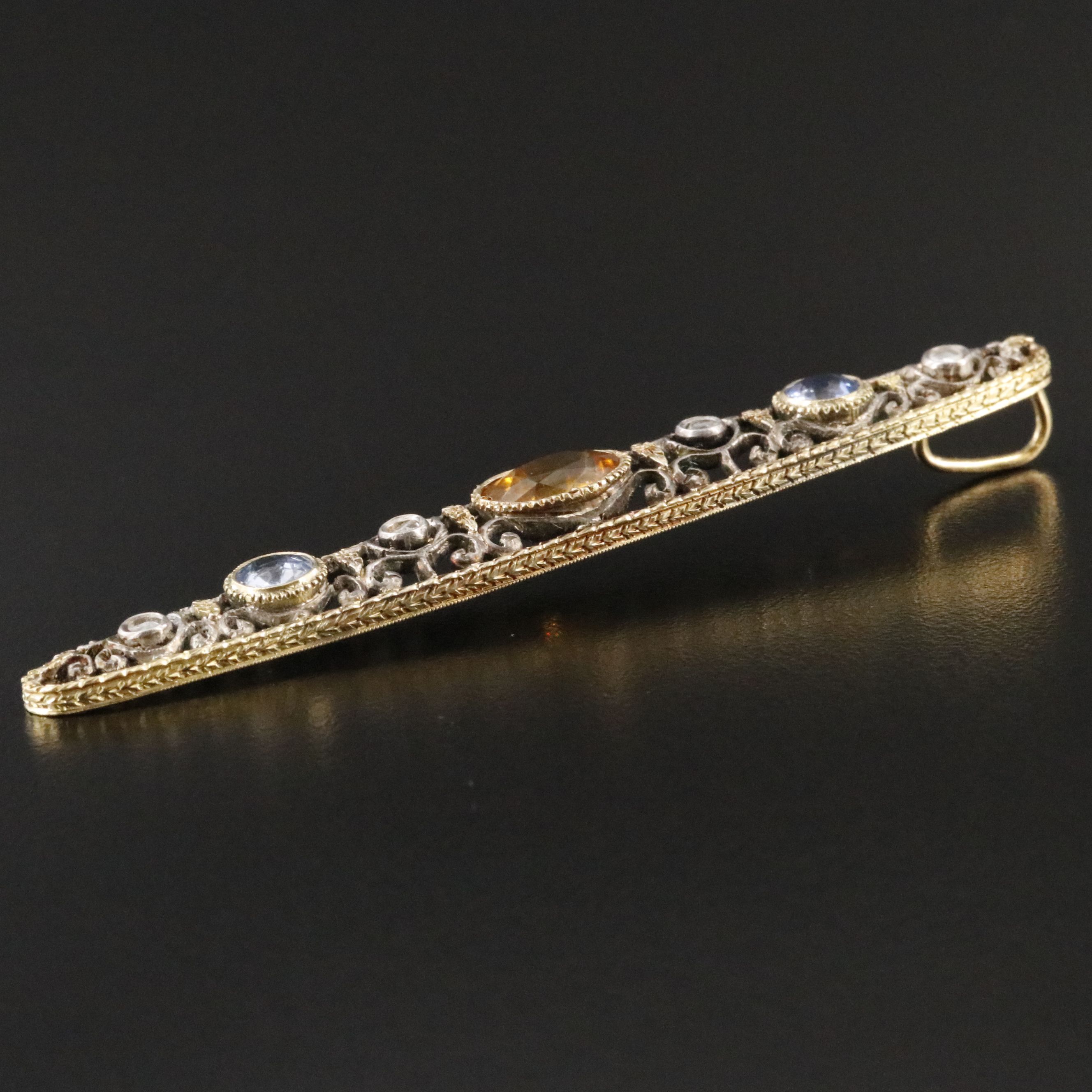 Edwardian 18K and Sterling Floral Scrollwork Pendant with Zircon and Sapphire