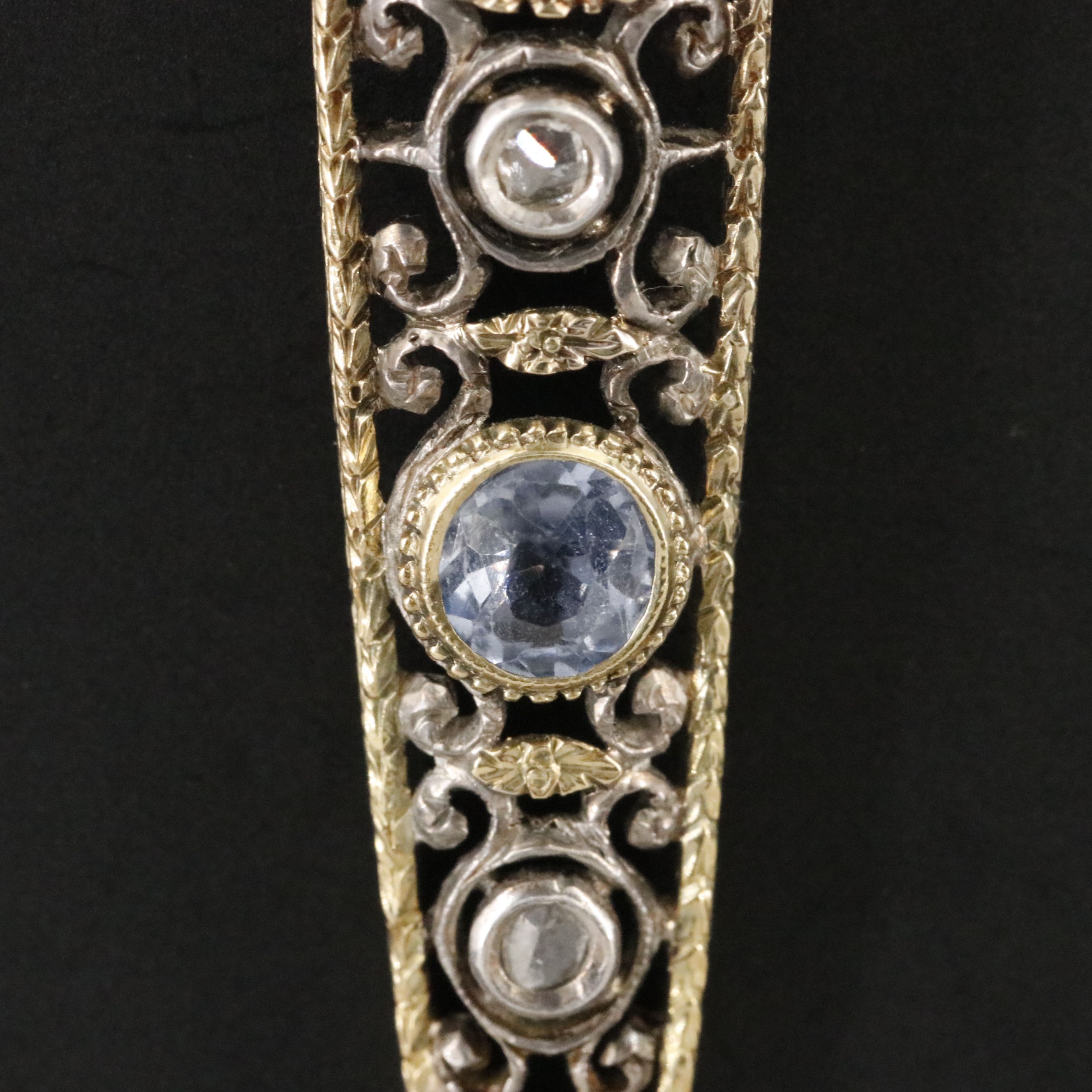Edwardian 18K and Sterling Floral Scrollwork Pendant with Zircon and Sapphire