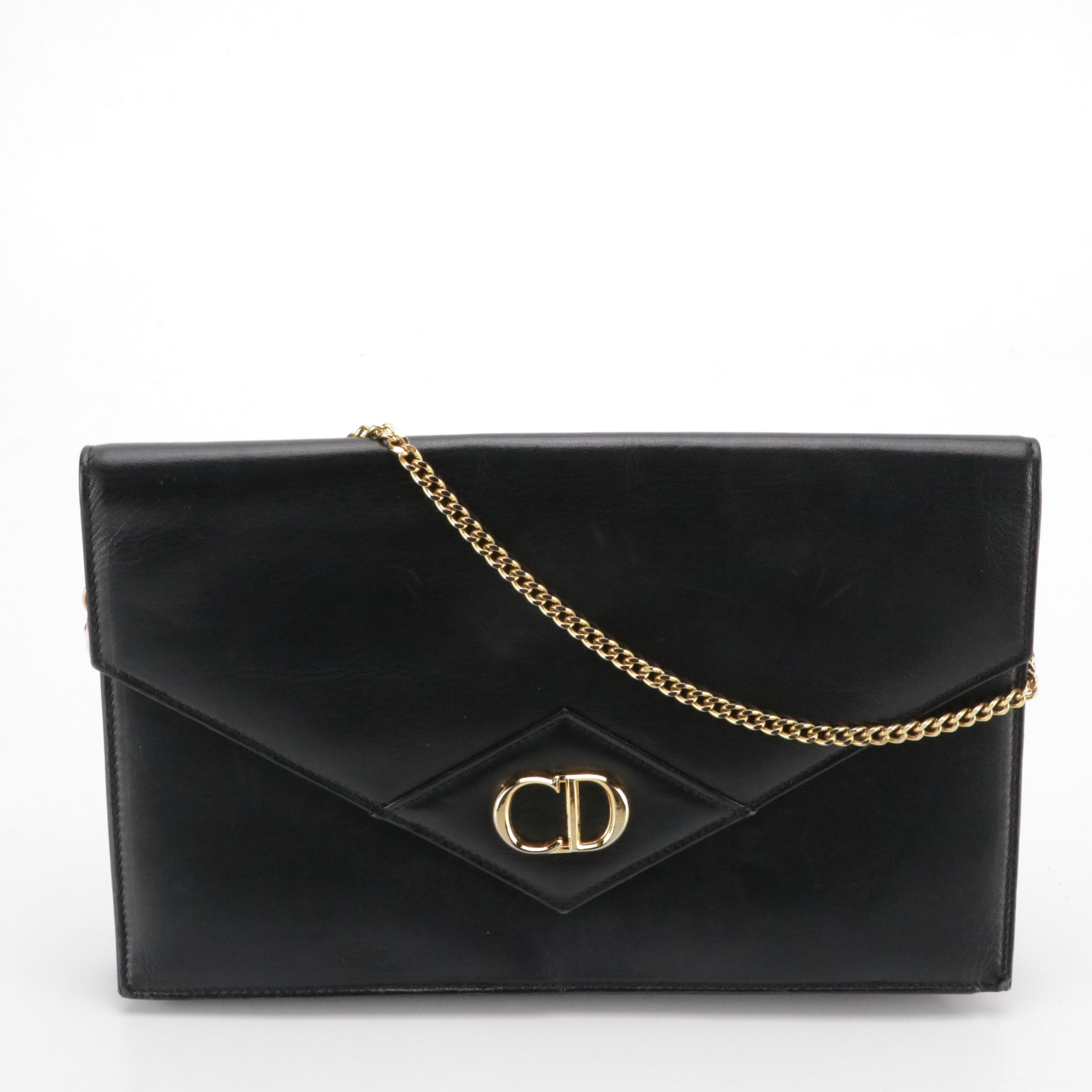 Christian Dior CD Envelope Flap Convertible Clutch in Black Leather