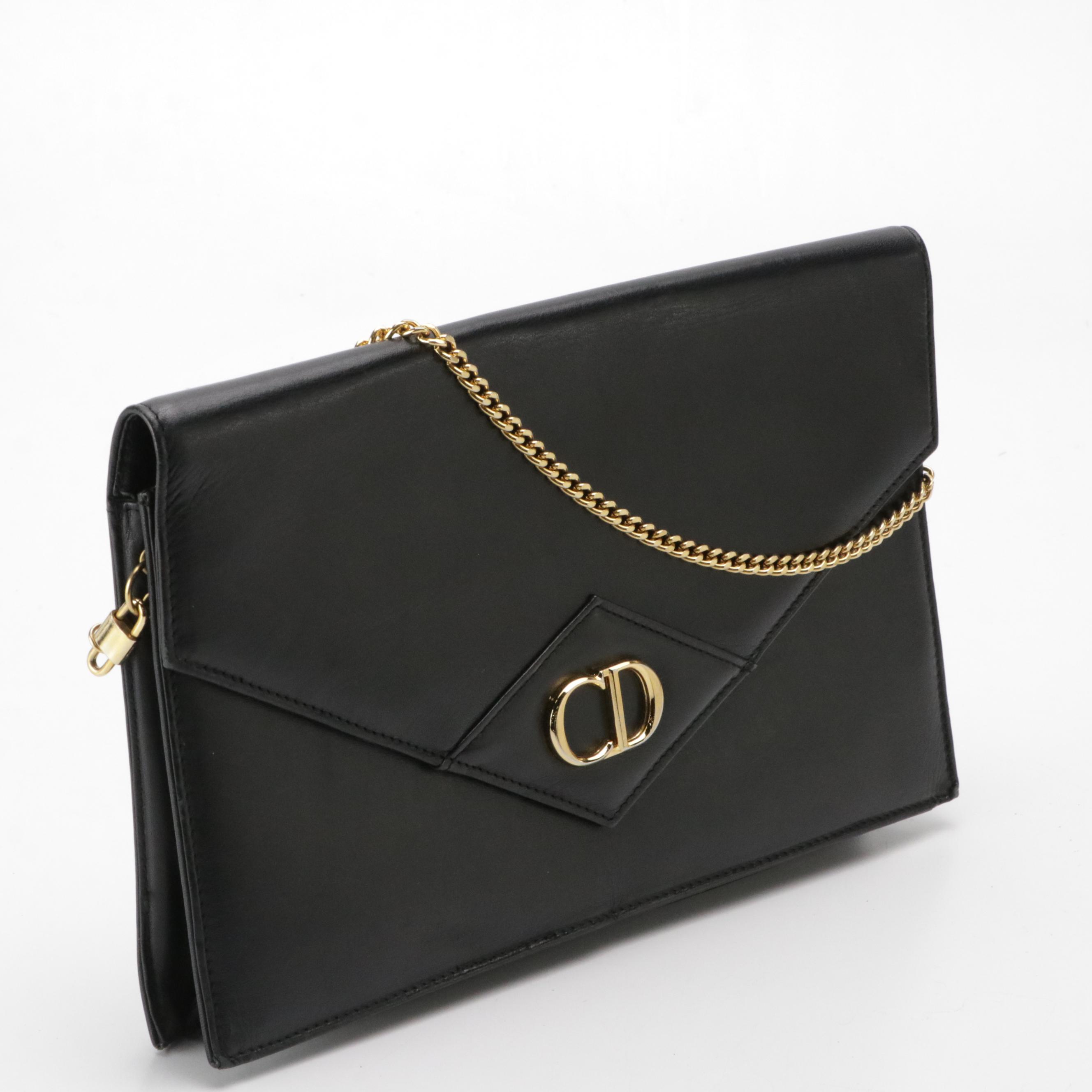 Christian Dior CD Envelope Flap Convertible Clutch in Black Leather