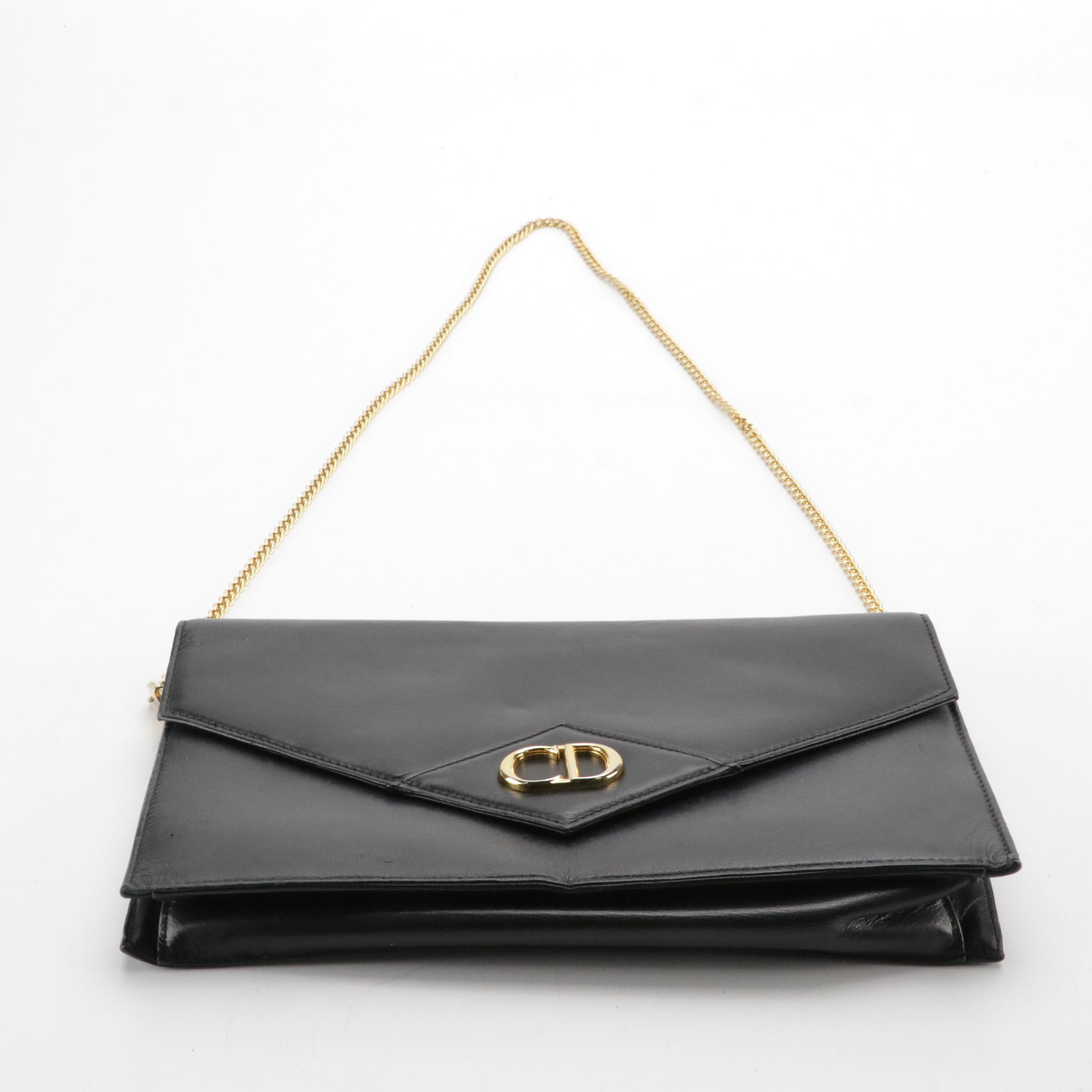 Christian Dior CD Envelope Flap Convertible Clutch in Black Leather