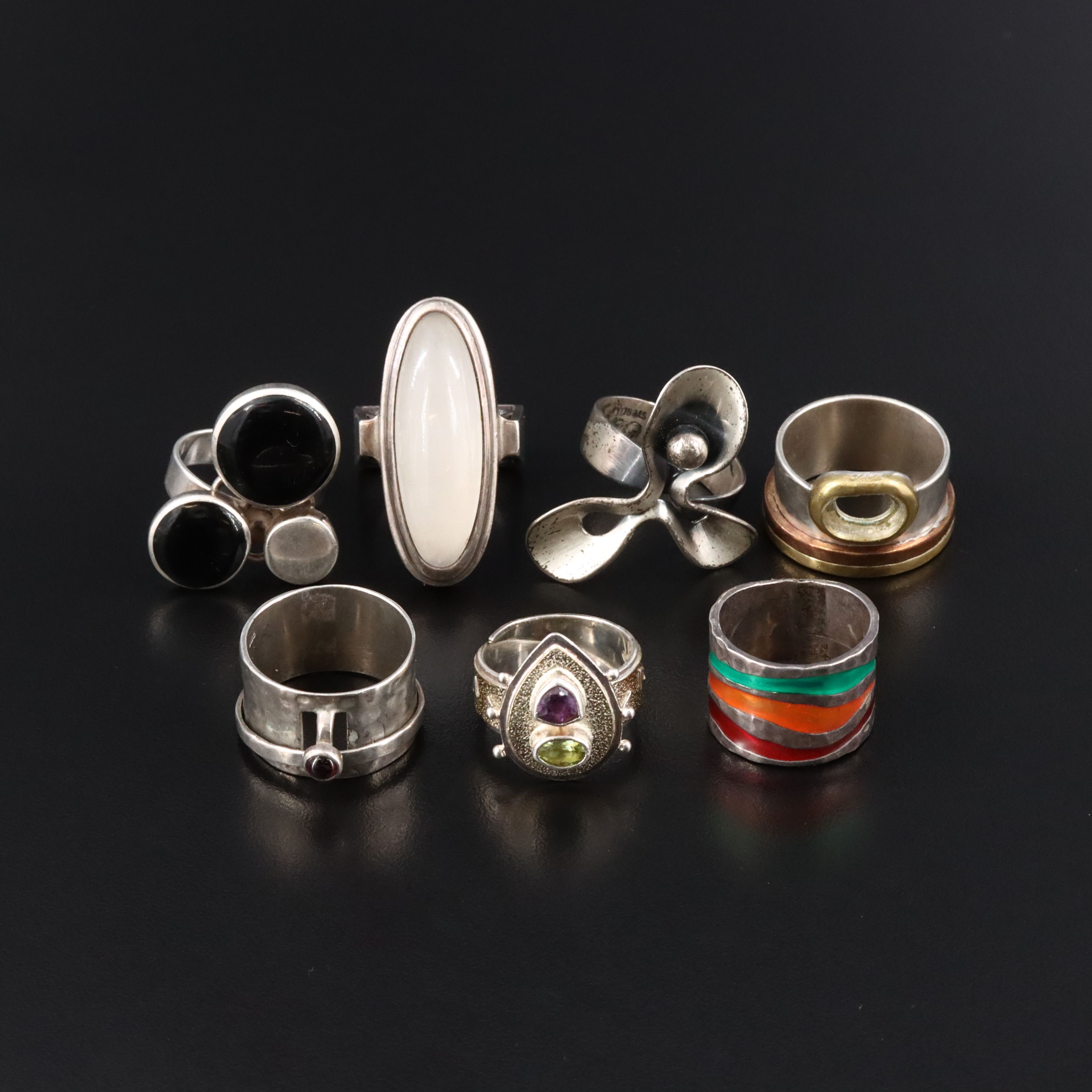 Collection of Sterling Rings Including Amethyst, Peridot and Enamel