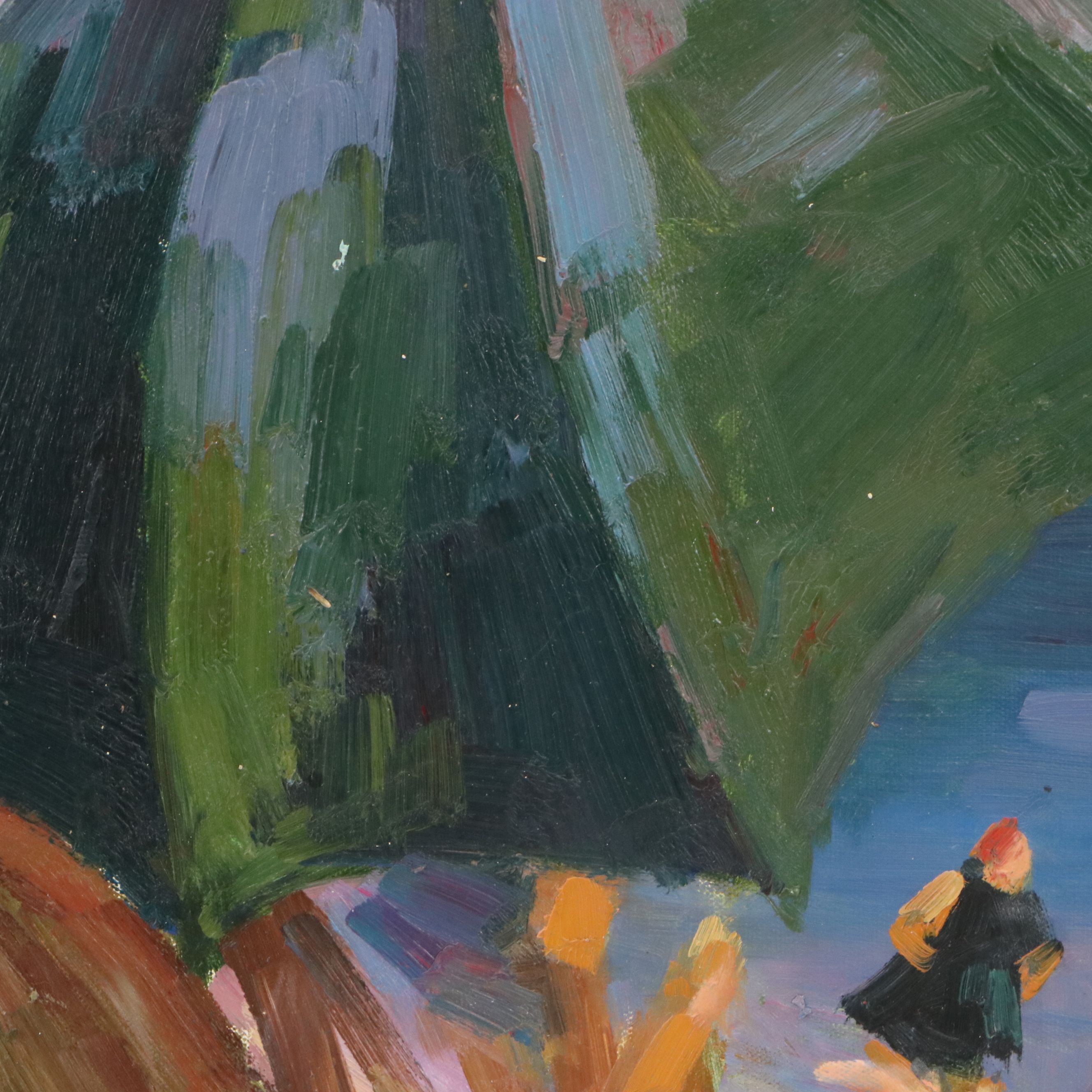 Impressionistic Oil Painting of Beach Scene, Late 19th Century