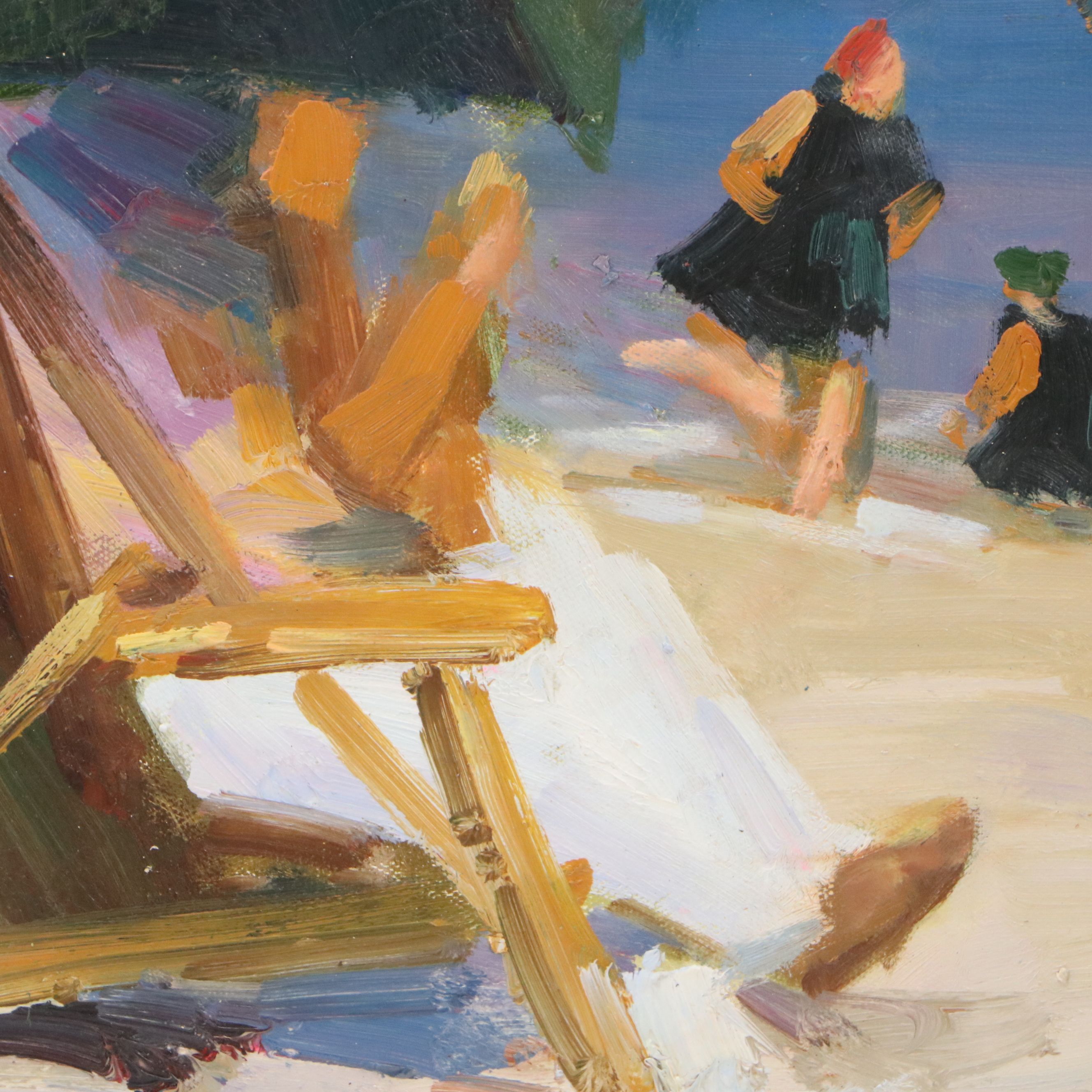 Impressionistic Oil Painting of Beach Scene, Late 19th Century