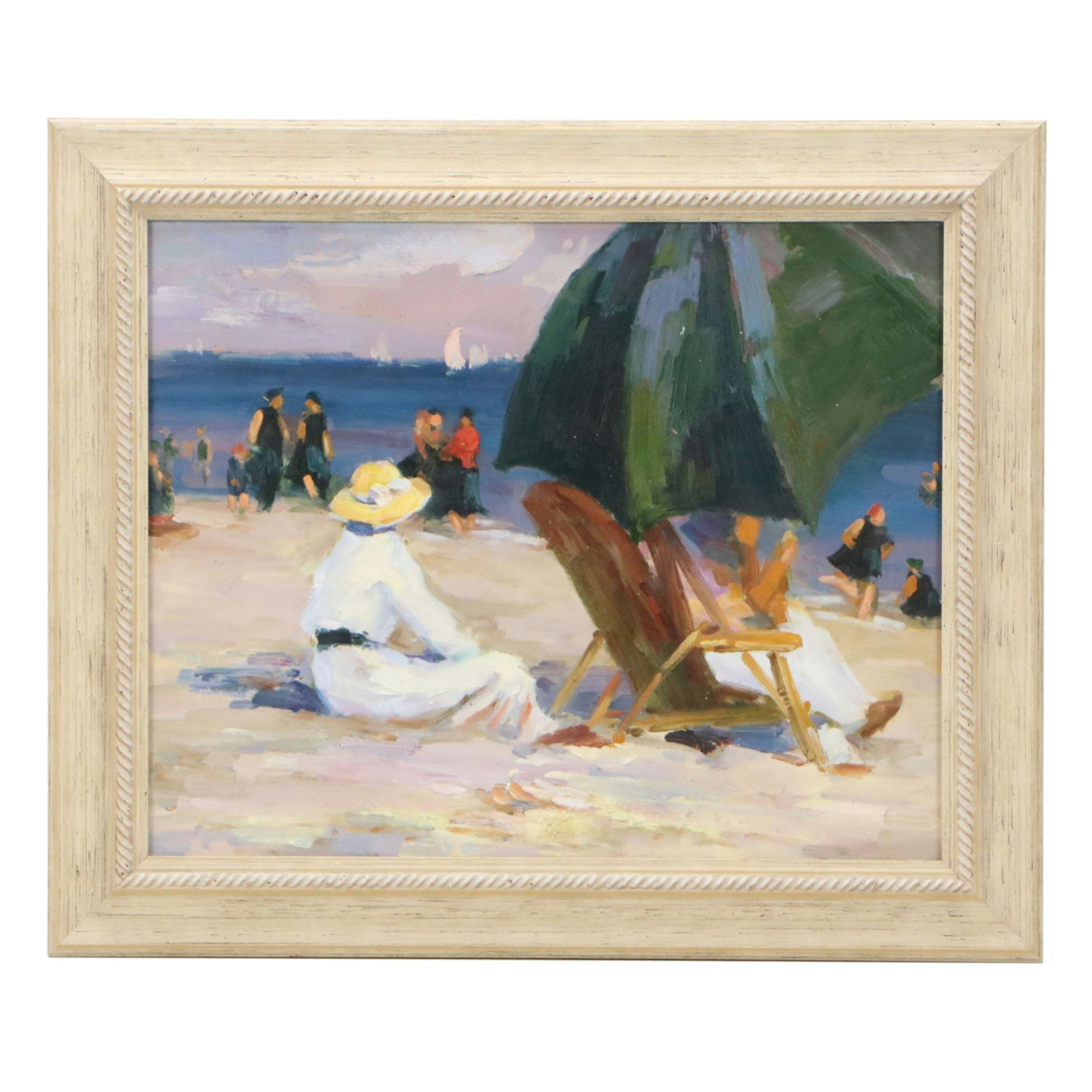 Impressionistic Oil Painting of Beach Scene, Late 19th Century