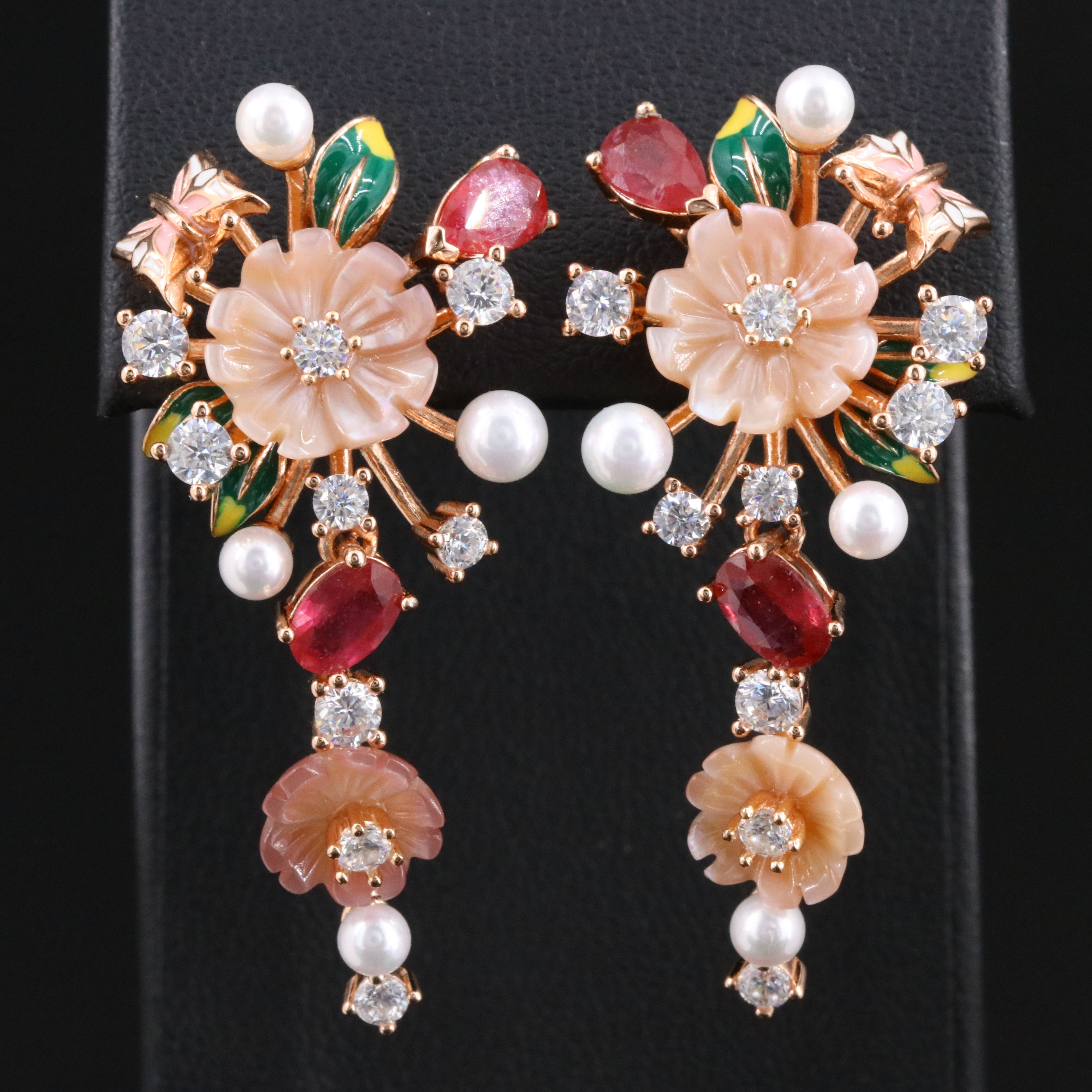 Sterling Mother-of-Pearl, Faux Pearl and Filled Corundum Flower Earrings