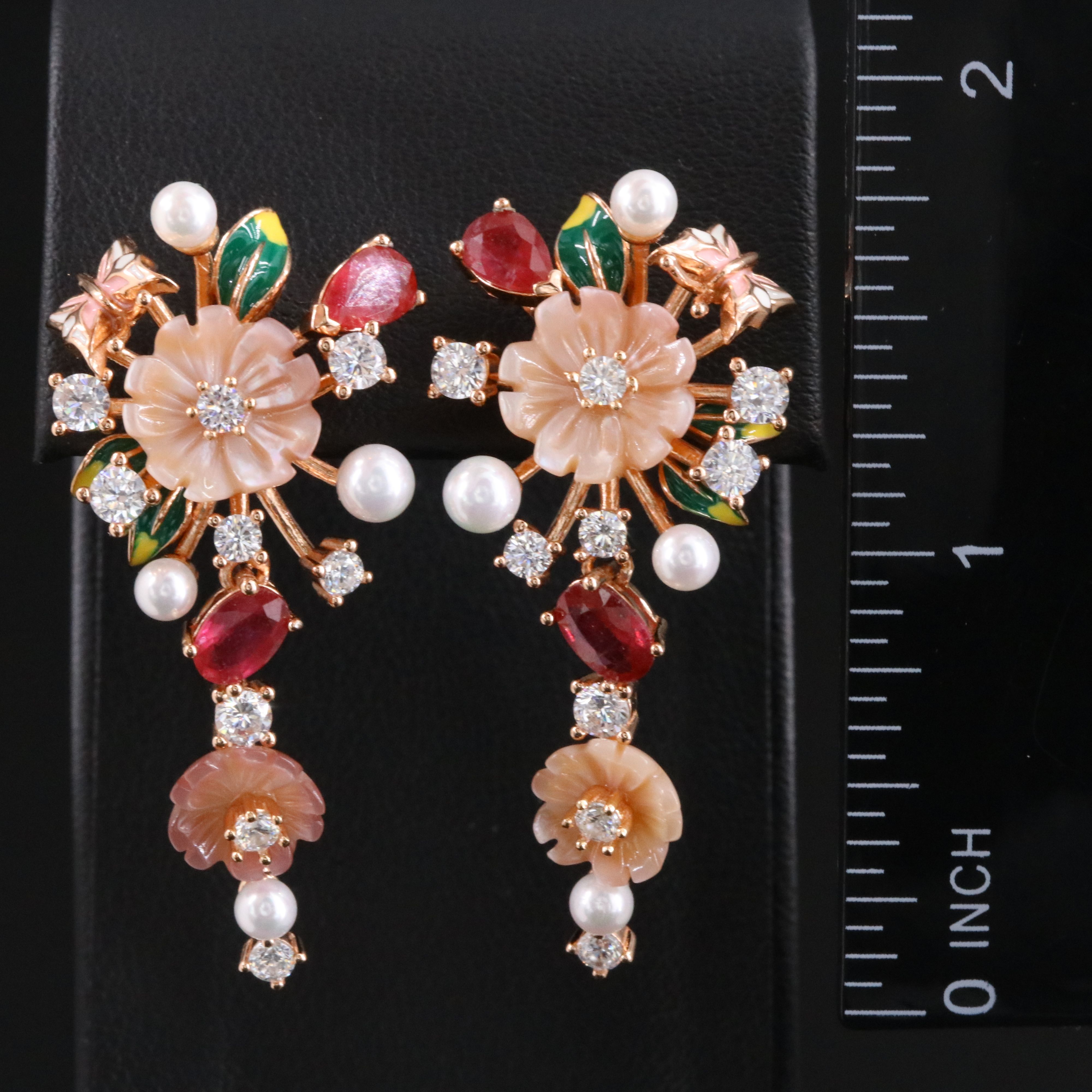 Sterling Mother-of-Pearl, Faux Pearl and Filled Corundum Flower Earrings