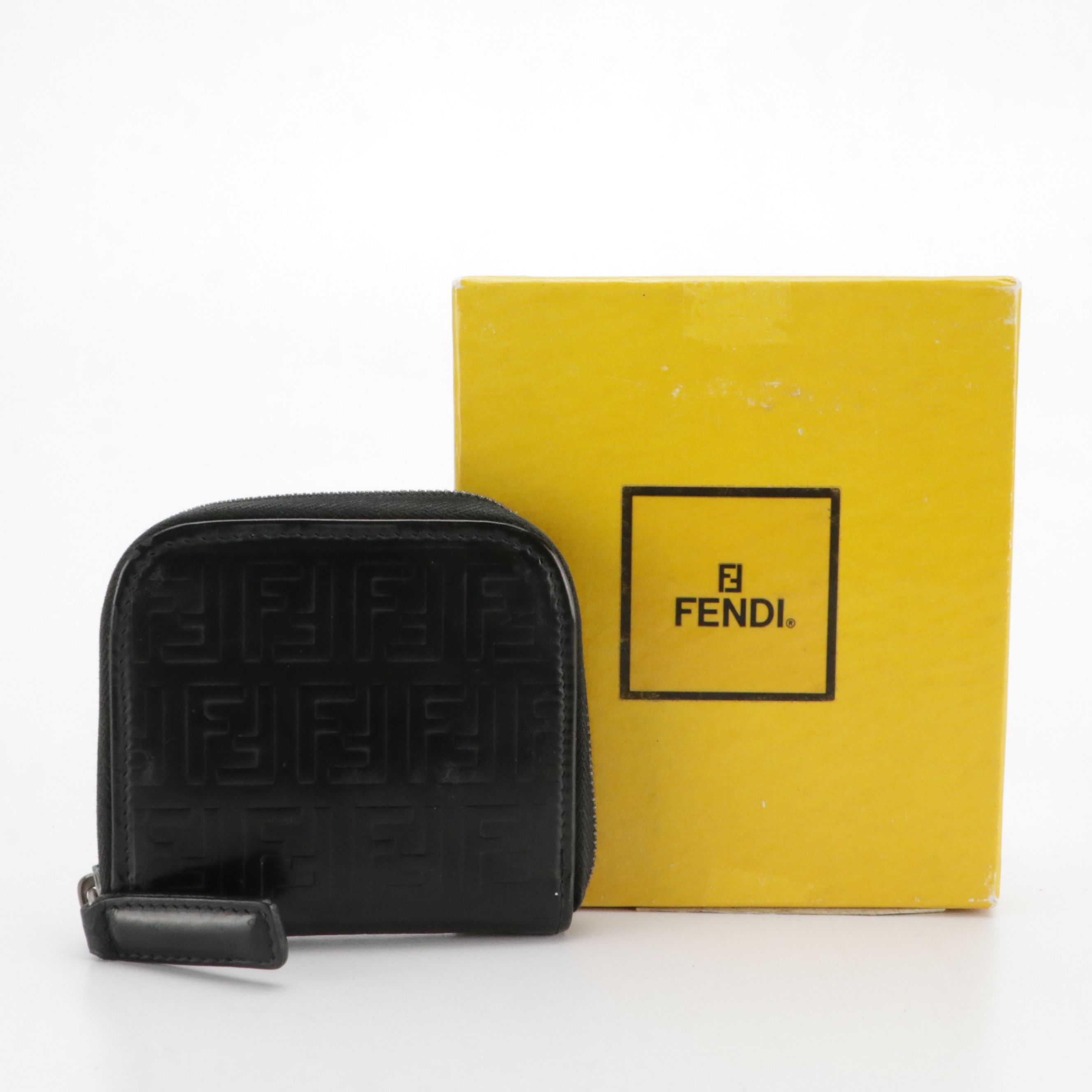 Fendi Zip-Around Coin Pouch in Black Embossed Zucca Leather, With Box