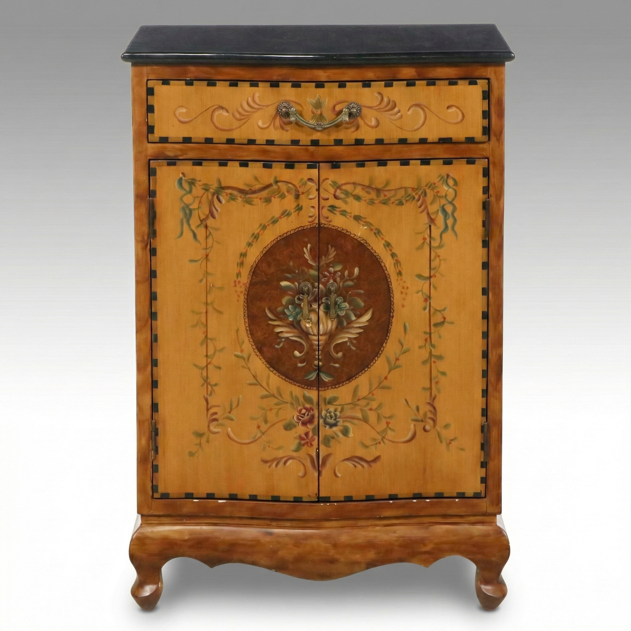 French Provincial Style Hand-Painted Accent Cabinet with Black Granite Top