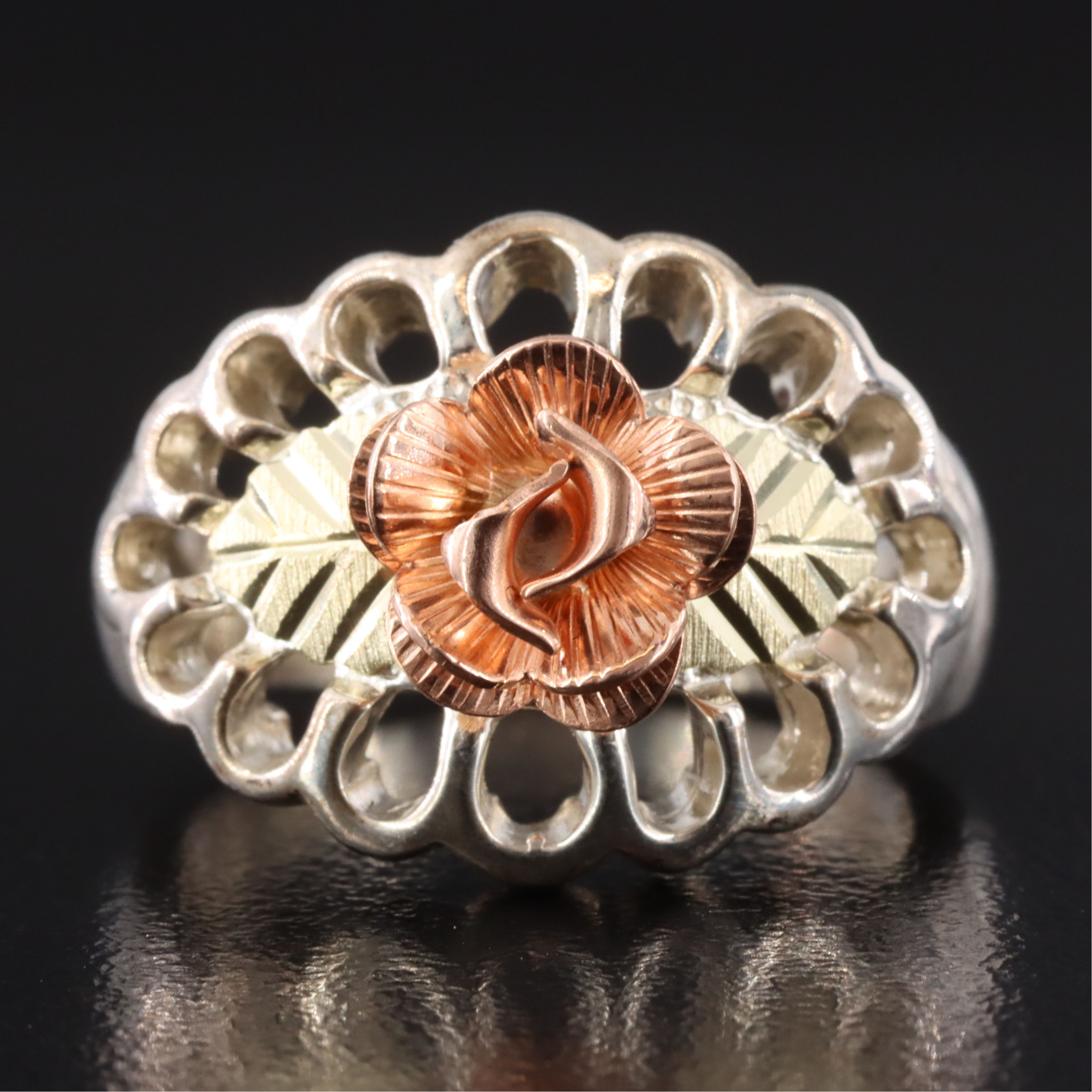 Sterling Floral Ring with 12K Rose Gold Accent