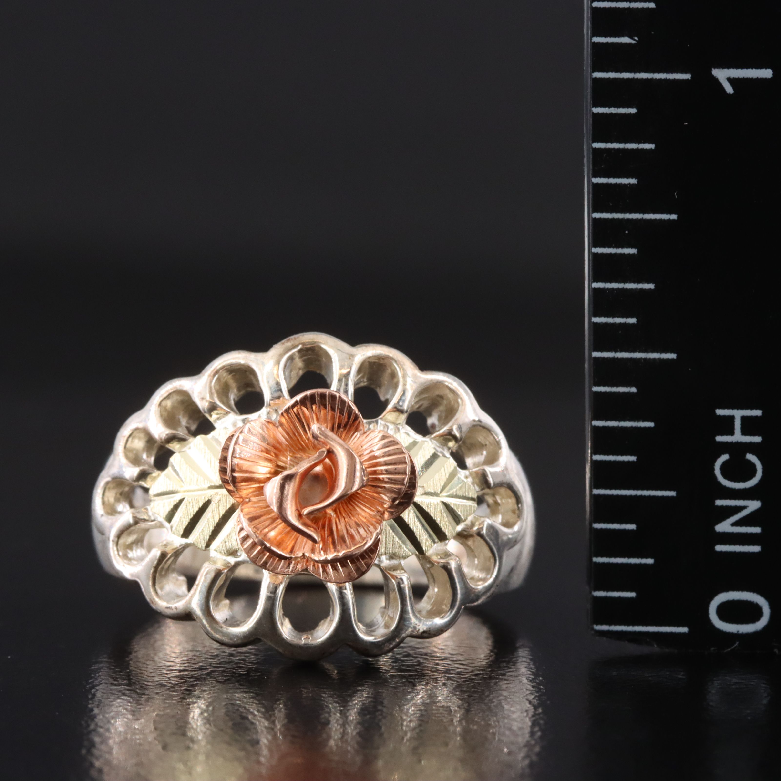 Sterling Floral Ring with 12K Rose Gold Accent