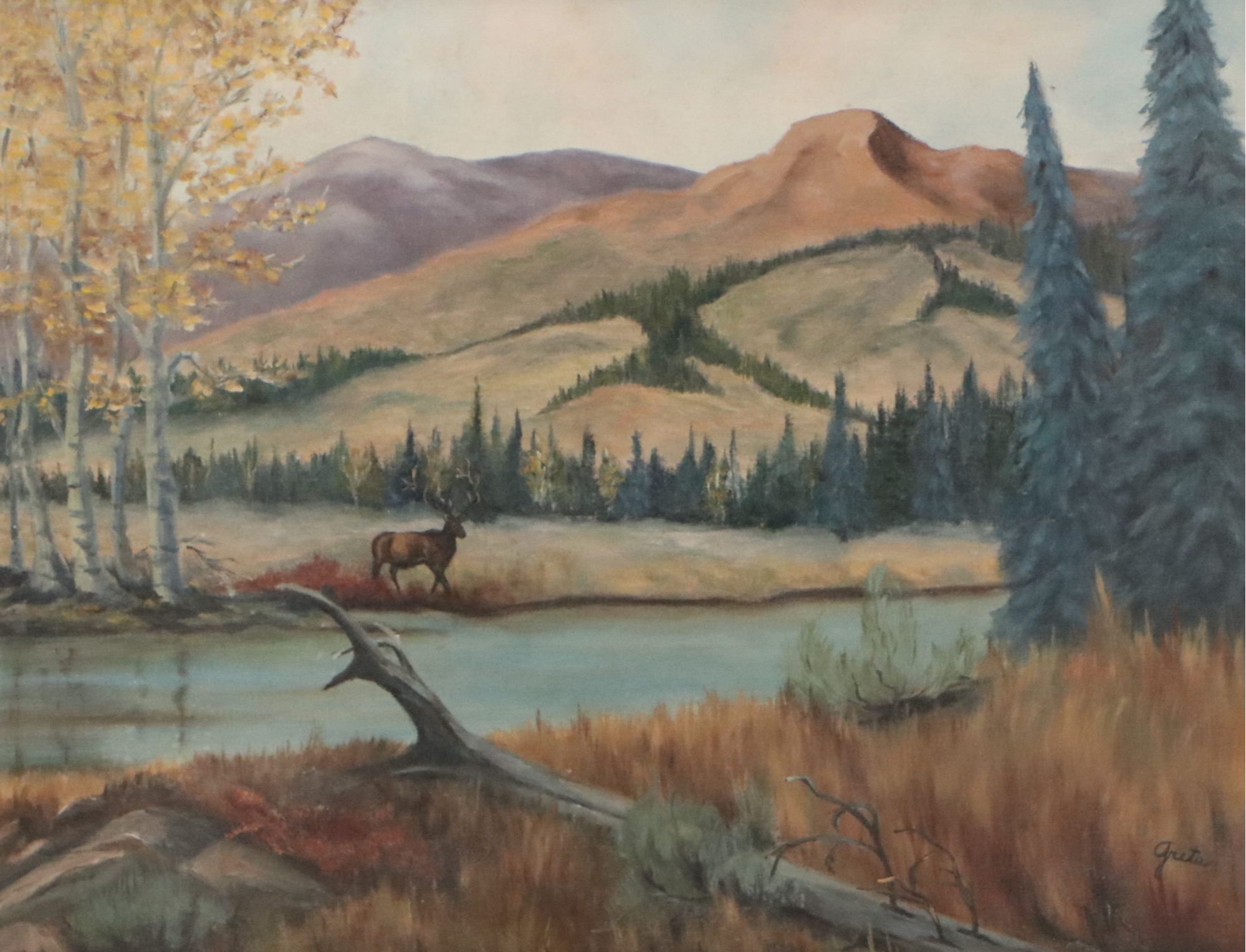 American School Landscape Oil Painting with Elk, Circa Mid- 20th Century