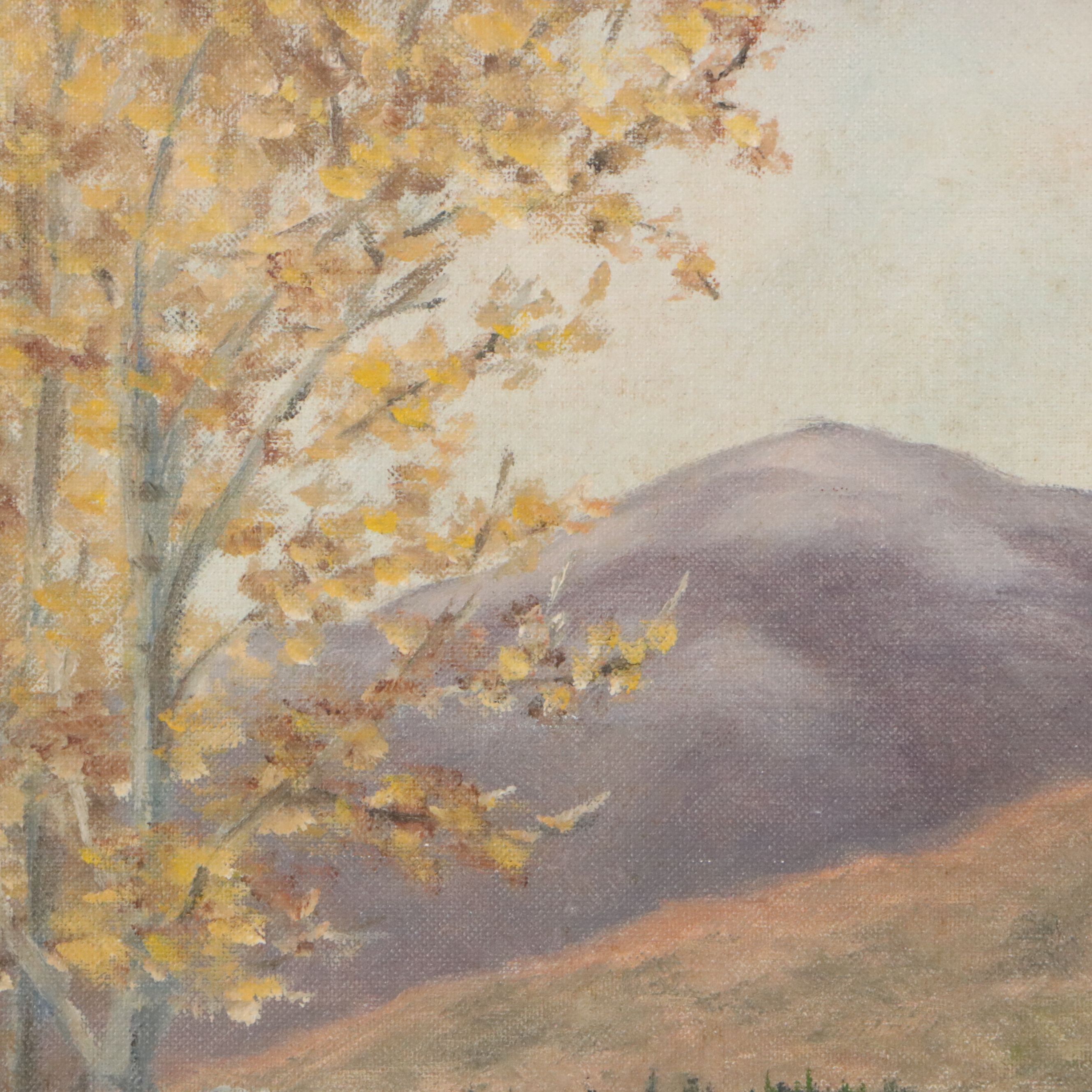 American School Landscape Oil Painting with Elk, Circa Mid- 20th Century