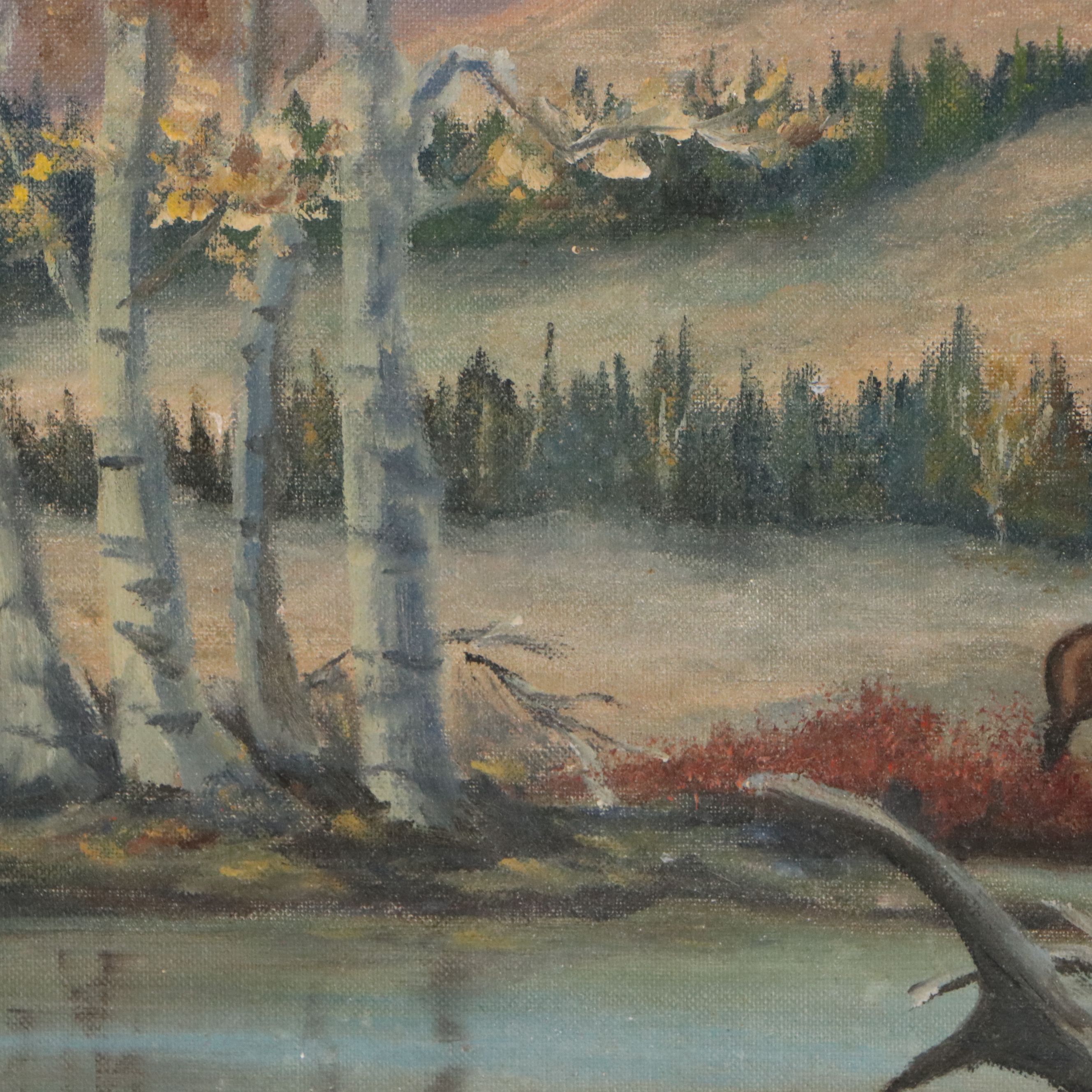 American School Landscape Oil Painting with Elk, Circa Mid- 20th Century