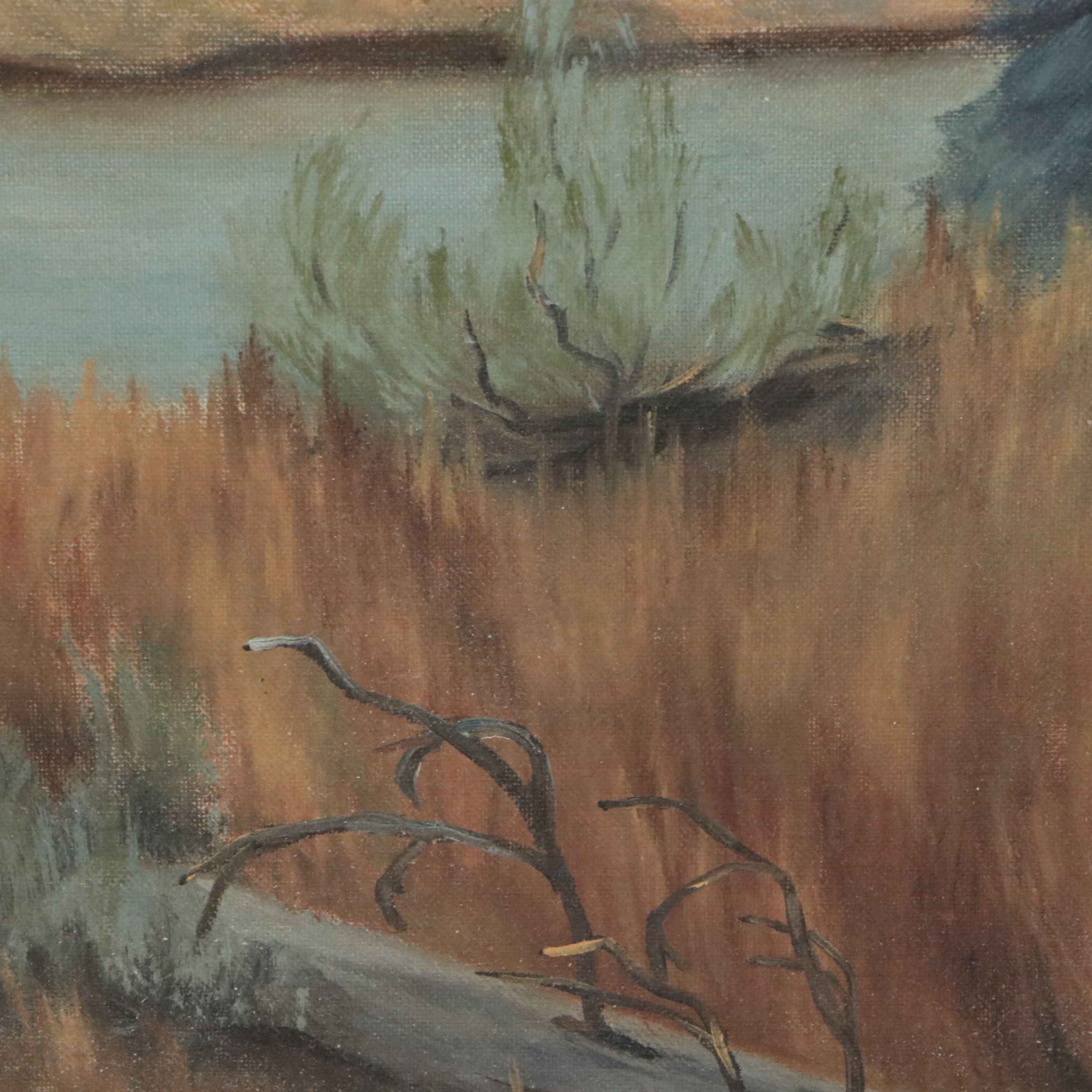 American School Landscape Oil Painting with Elk, Circa Mid- 20th Century