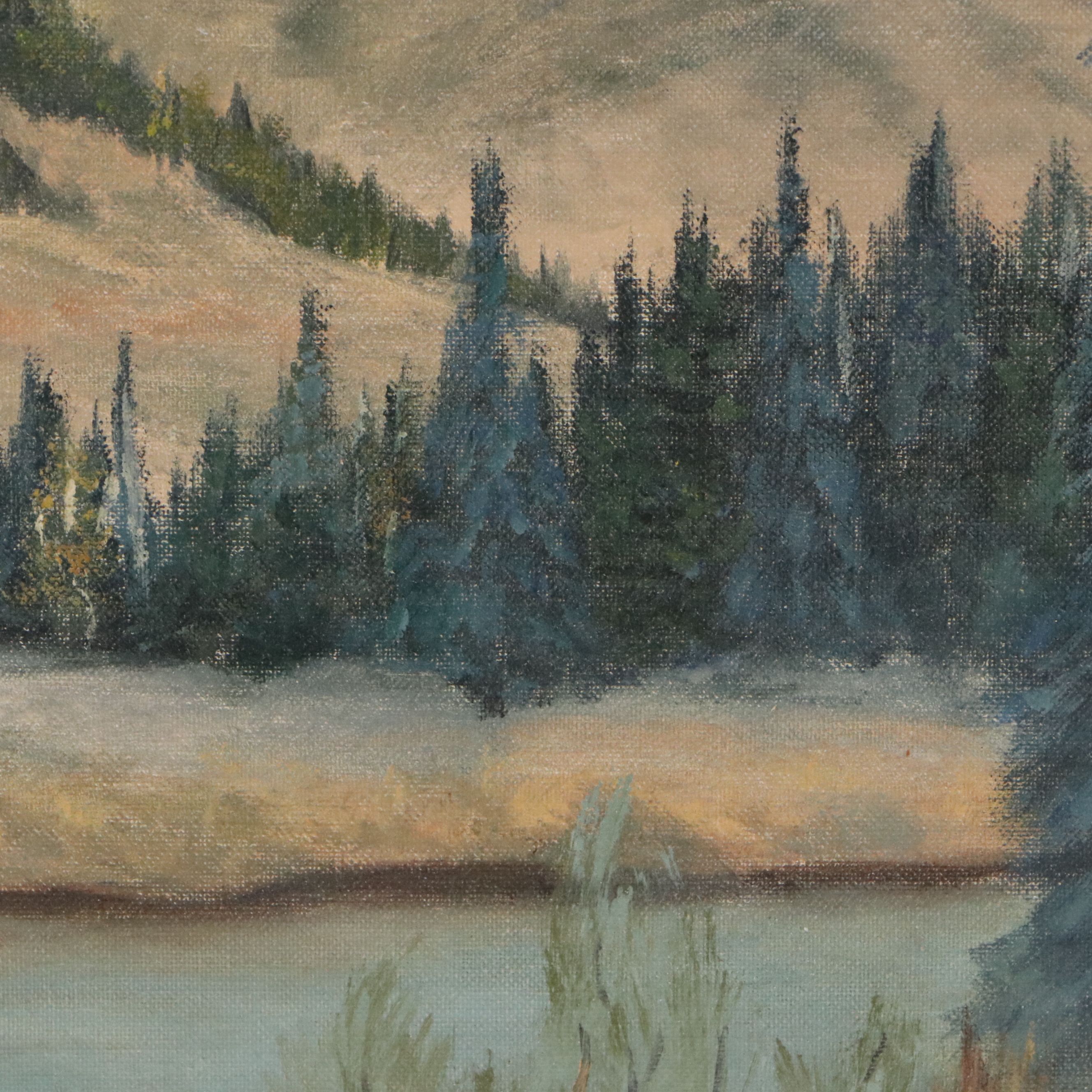 American School Landscape Oil Painting with Elk, Circa Mid- 20th Century